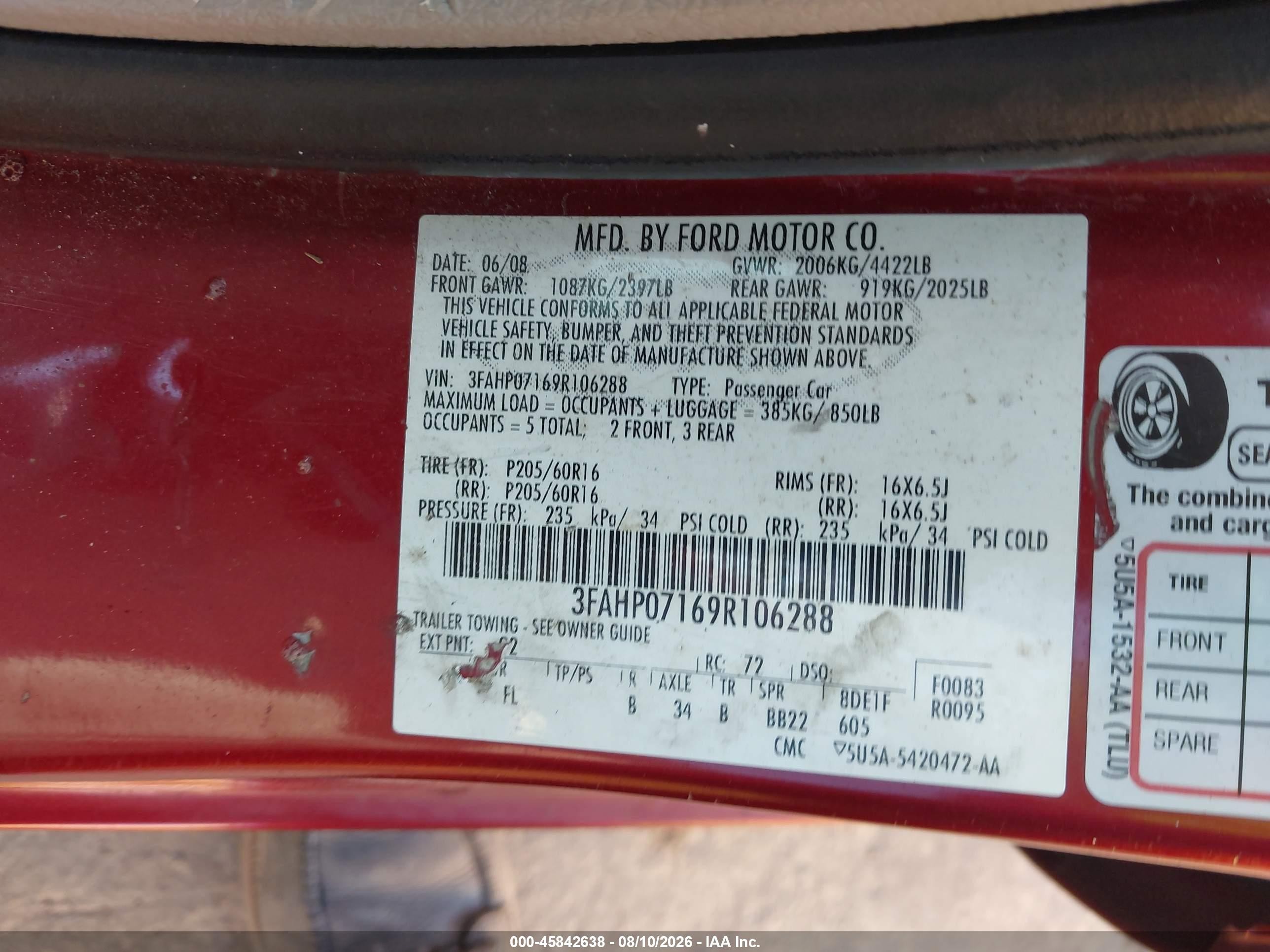 2009 Ford Fusion Se Red vin: 3FAHP07169R106288