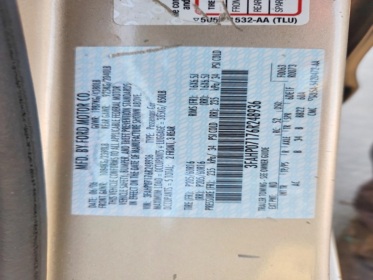 2006 Ford Fusion Se Tan vin: 3FAHP07176R248936