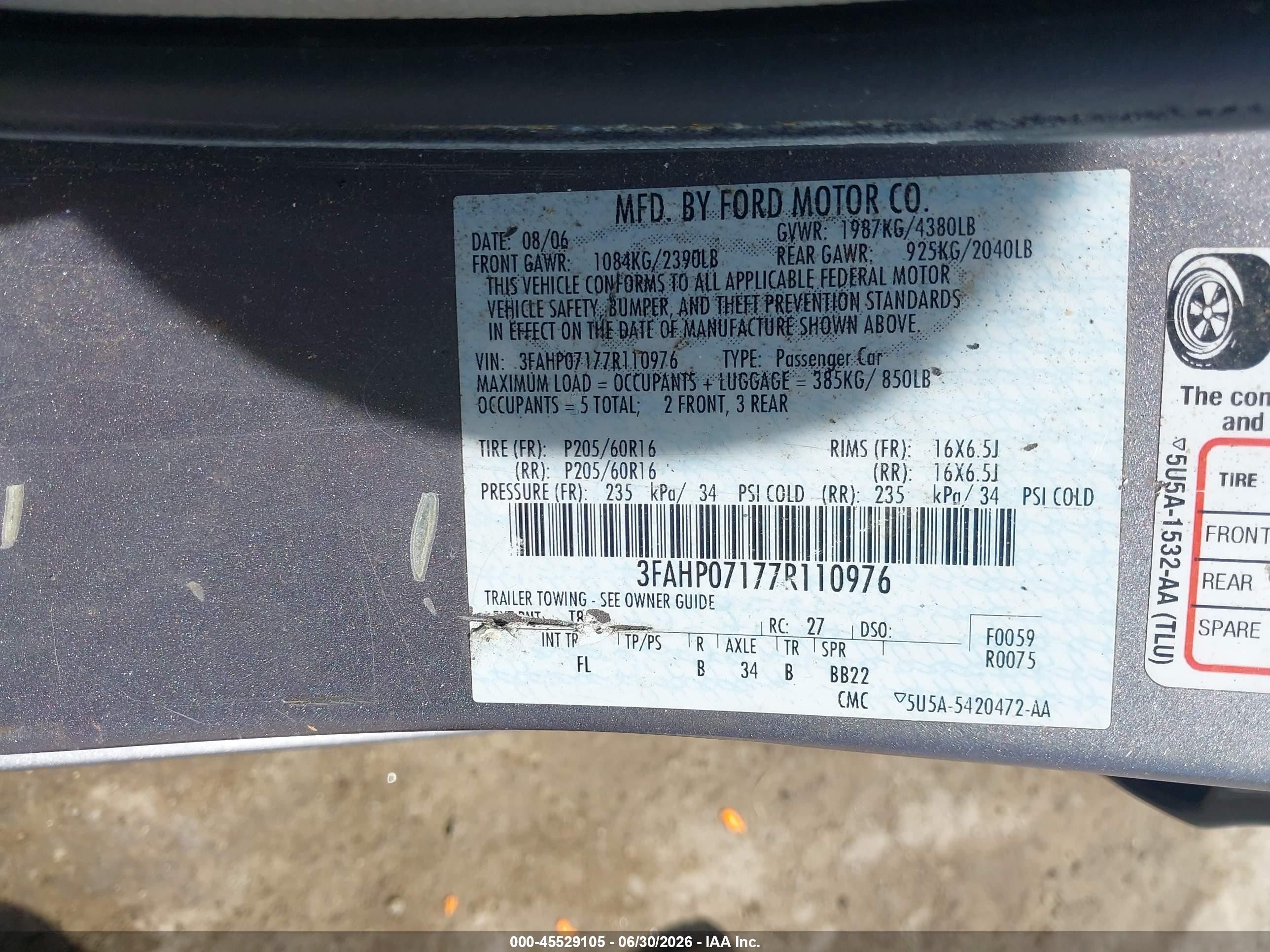2007 Ford Fusion Se Gray vin: 3FAHP07177R110976