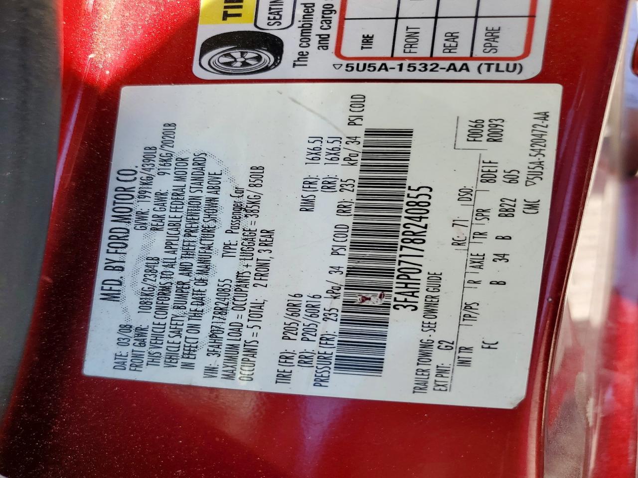 2008 Ford Fusion Se Red vin: 3FAHP07178R240855