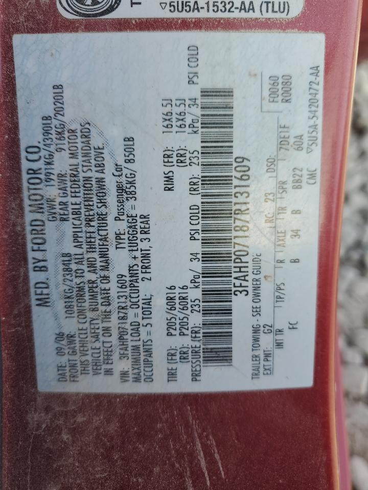 2007 Ford Fusion Se Burgundy vin: 3FAHP07187R131609