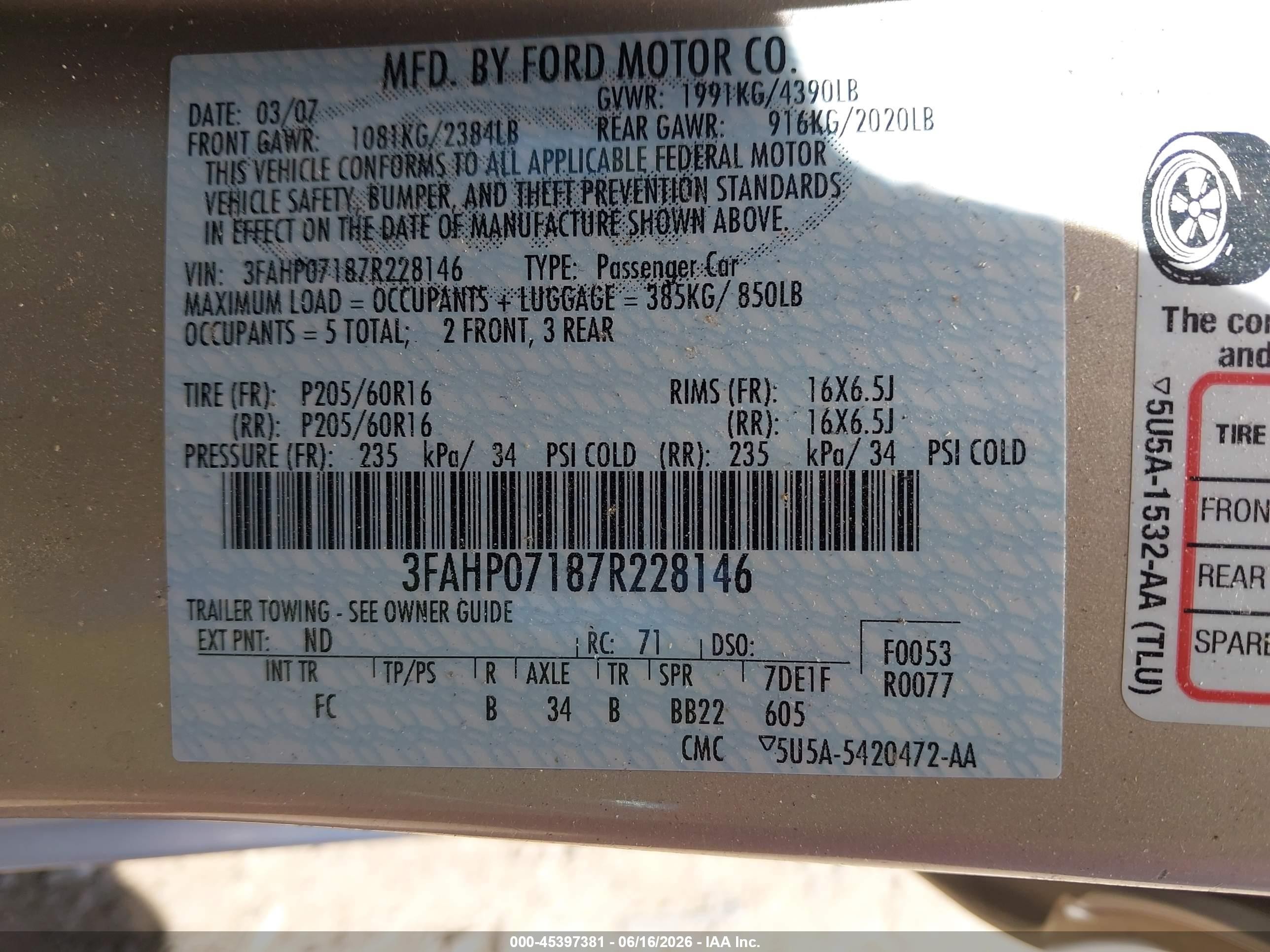 2007 Ford Fusion Se Tan vin: 3FAHP07187R228146