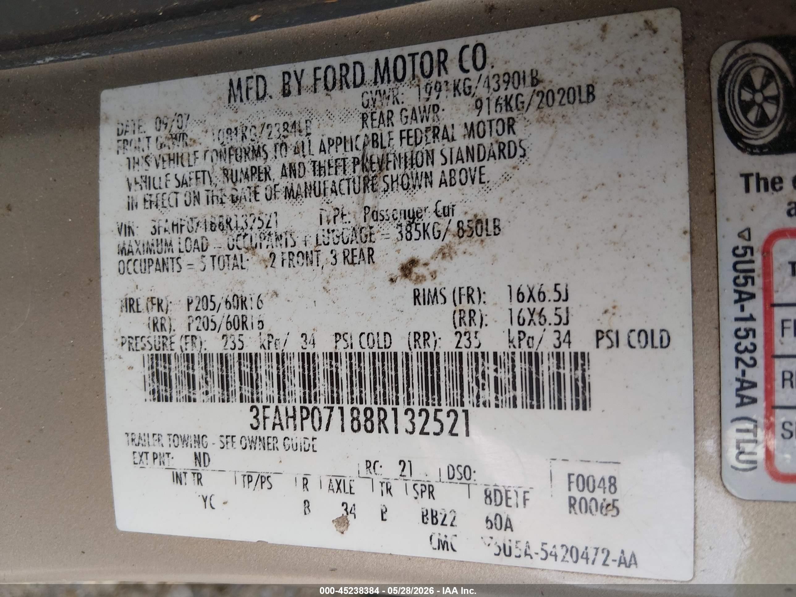 2008 Ford Fusion Se Champagne vin: 3FAHP07188R132521
