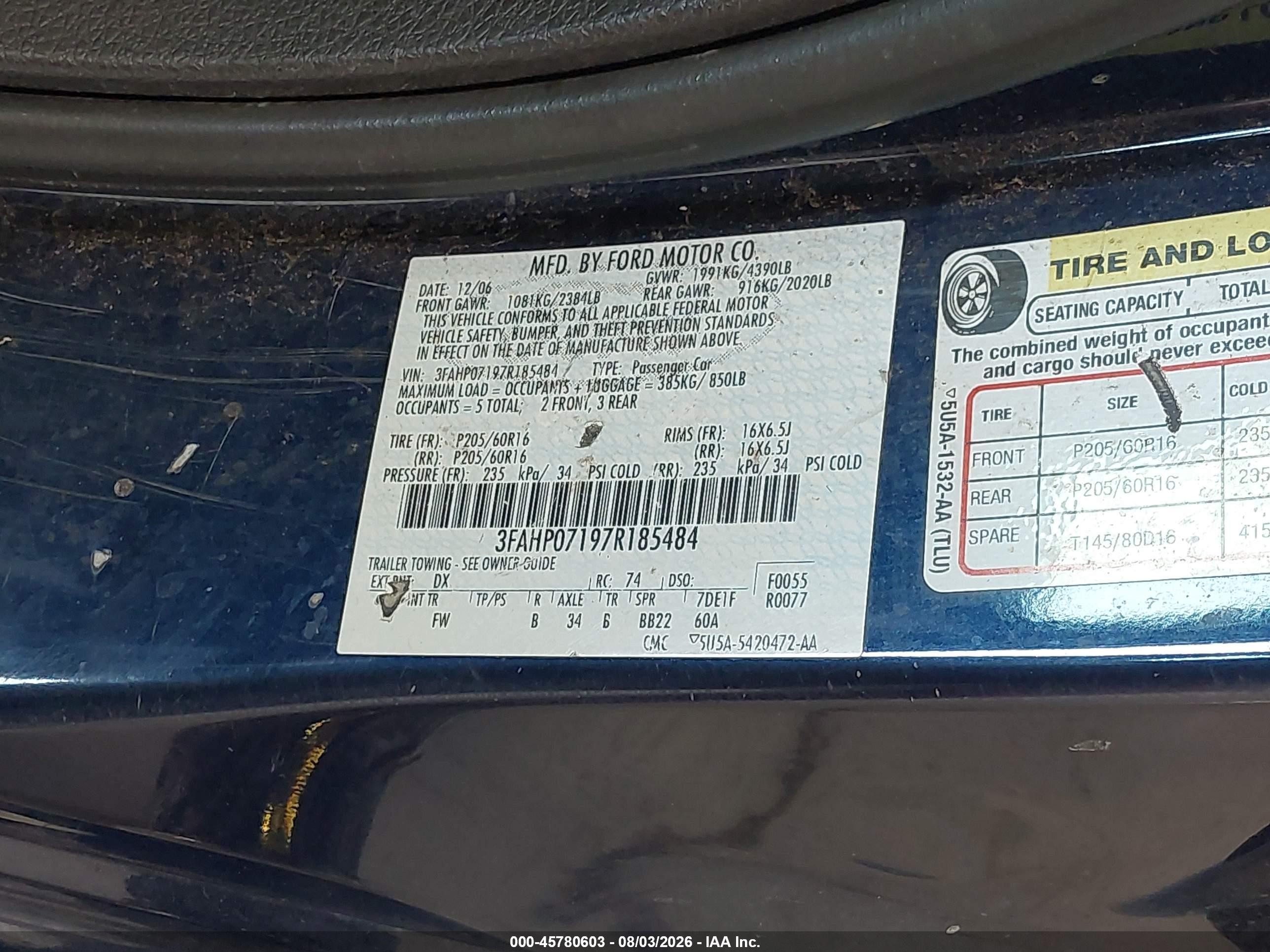 2007 Ford Fusion Se Blue vin: 3FAHP07197R185484