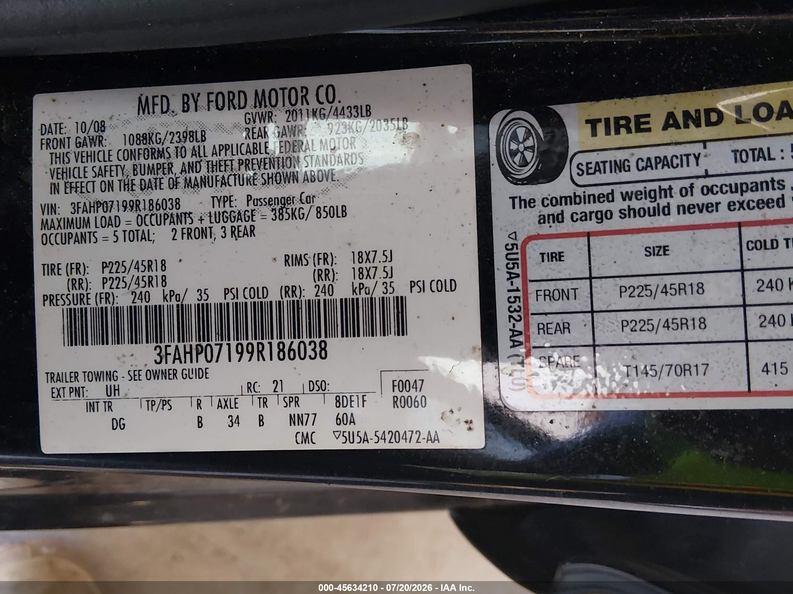 2009 Ford Fusion Se Black vin: 3FAHP07199R186038