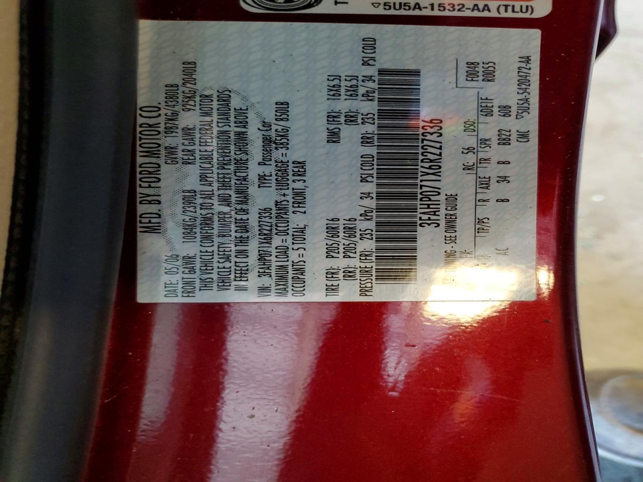 2006 Ford Fusion Se Burgundy vin: 3FAHP071X6R227336