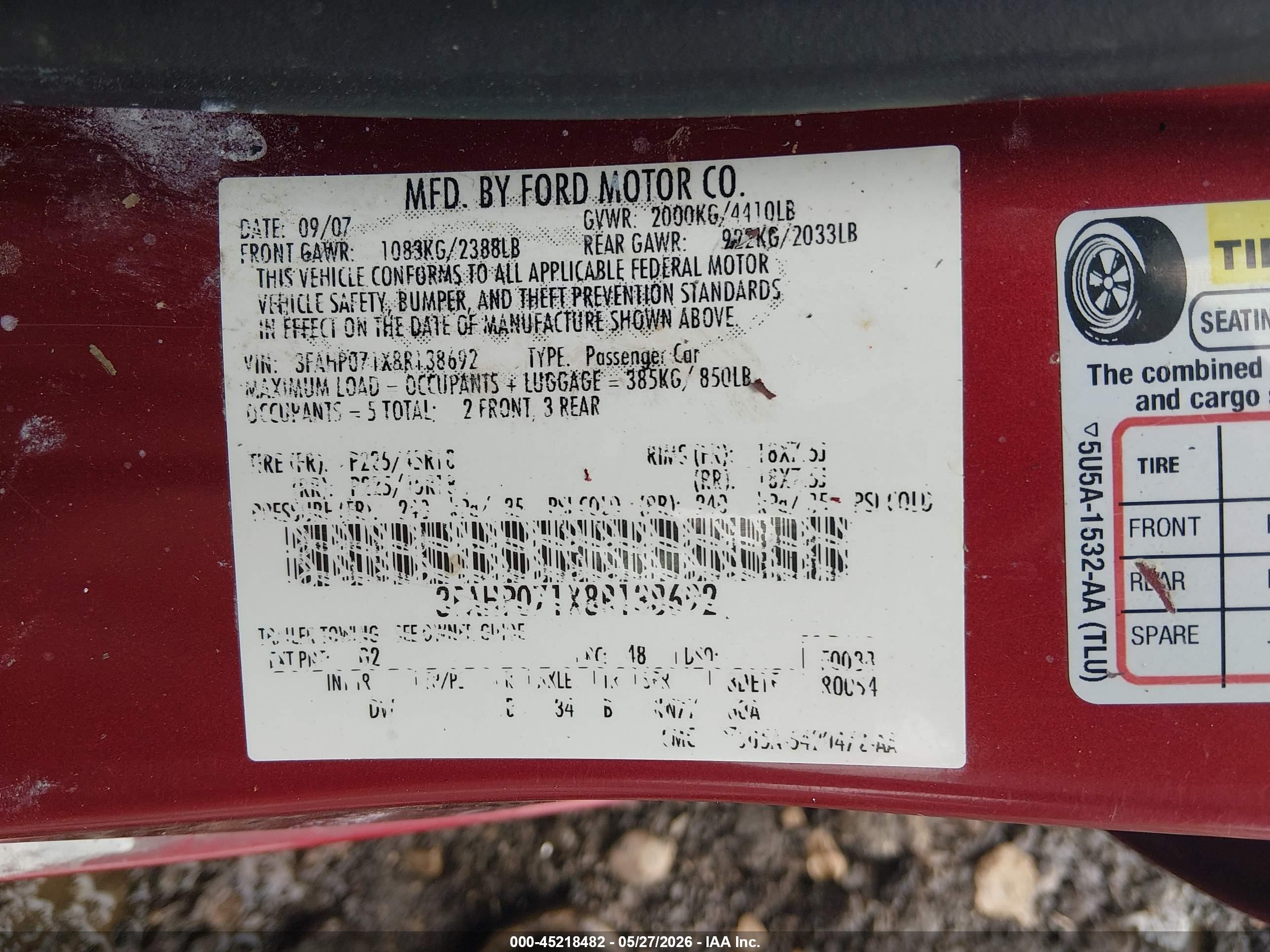 2008 Ford Fusion Se Maroon vin: 3FAHP071X8R138692