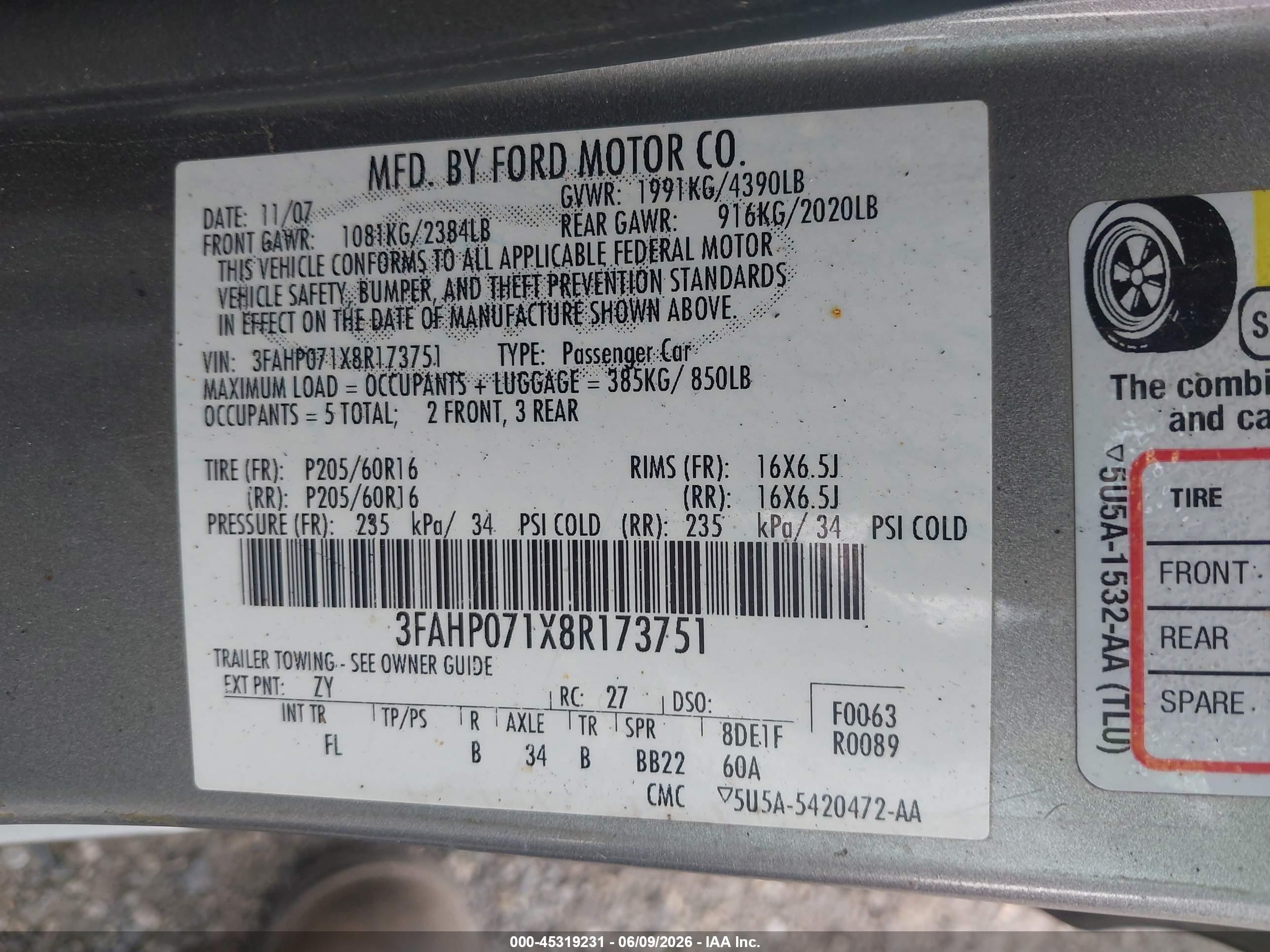 2008 Ford Fusion Se Gray vin: 3FAHP071X8R173751