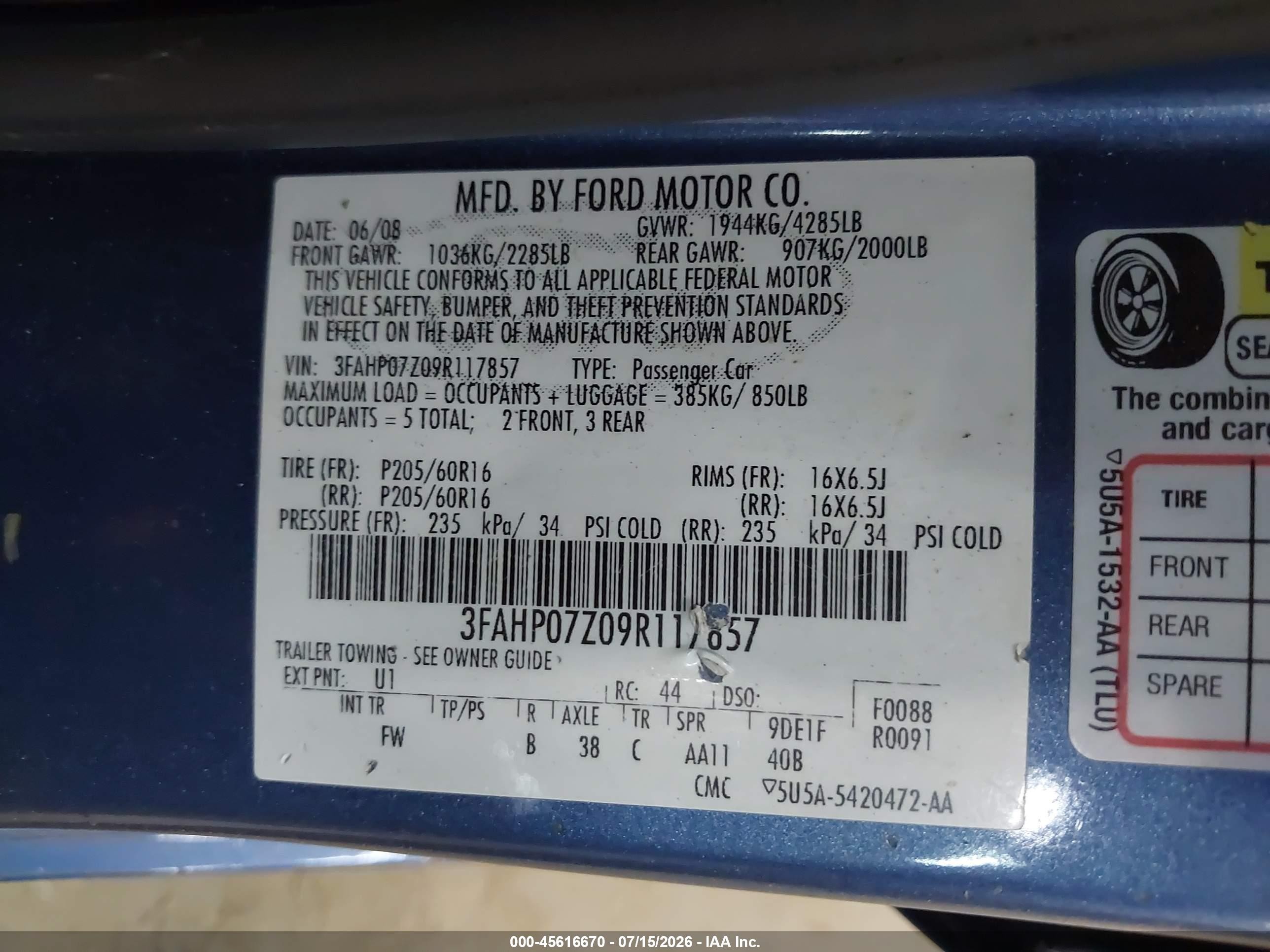 2009 Ford Fusion Se Blue vin: 3FAHP07Z09R117857