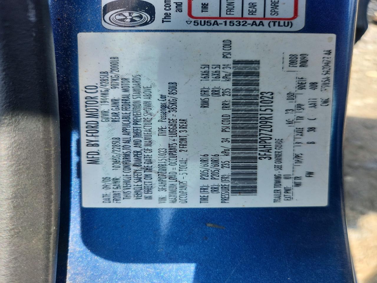 2009 Ford Fusion Se Blue vin: 3FAHP07Z09R151023