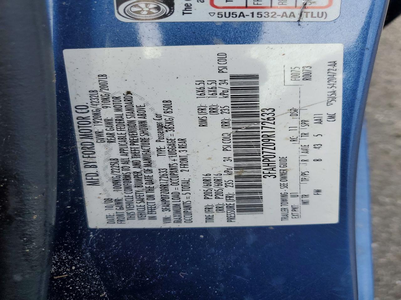 2009 Ford Fusion Se Blue vin: 3FAHP07Z09R172633