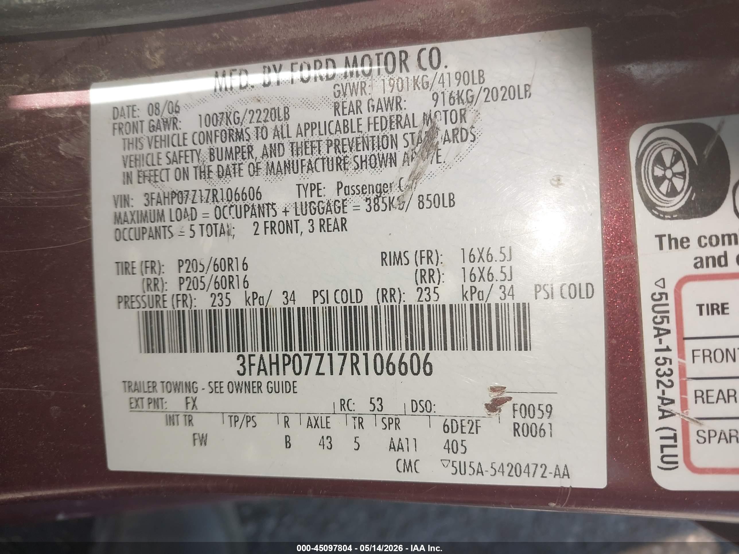 2007 Ford Fusion Se Maroon vin: 3FAHP07Z17R106606