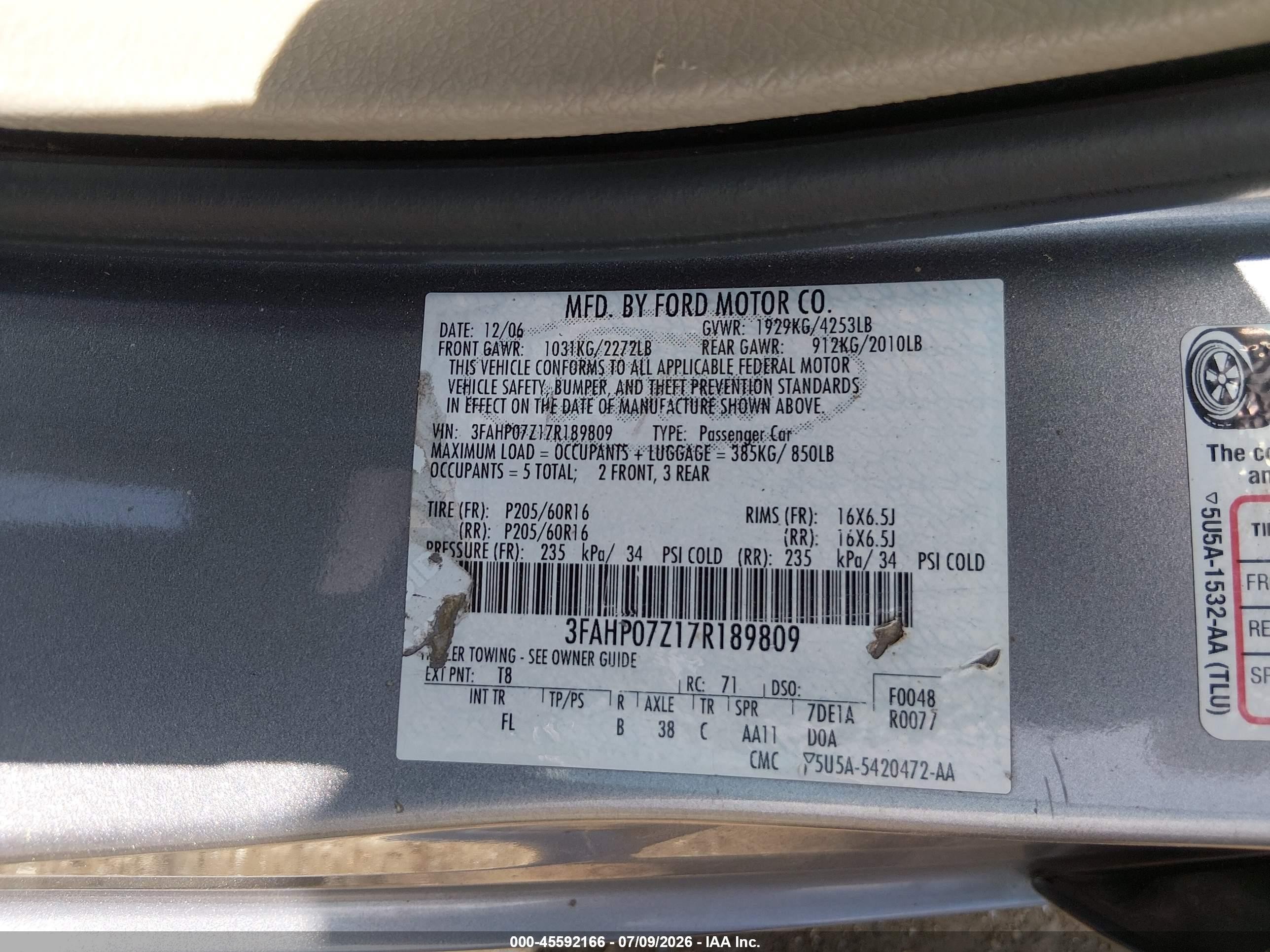 2007 Ford Fusion Se Gray vin: 3FAHP07Z17R189809