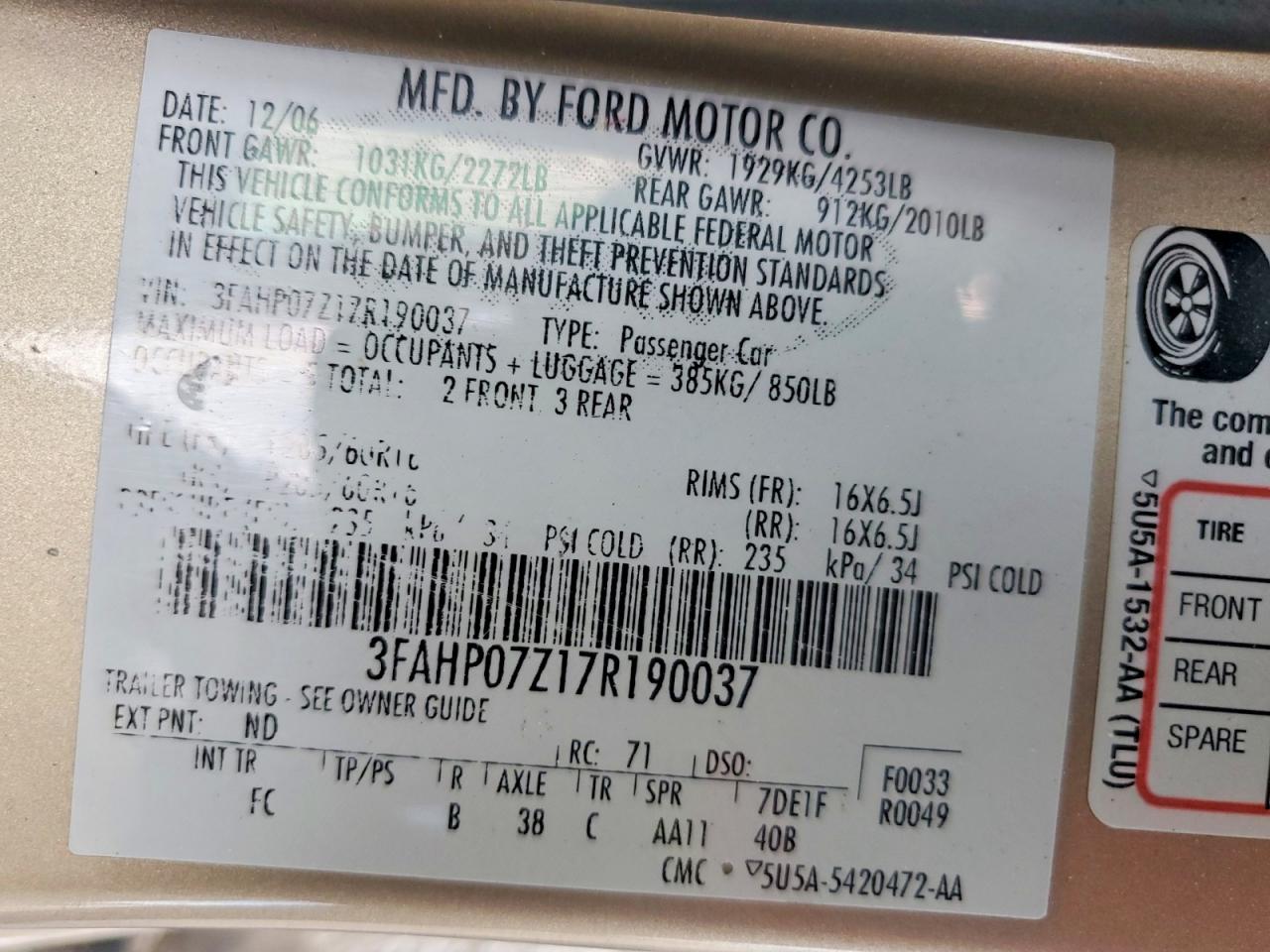 2007 Ford Fusion Se Желто-коричневый vin: 3FAHP07Z17R190037