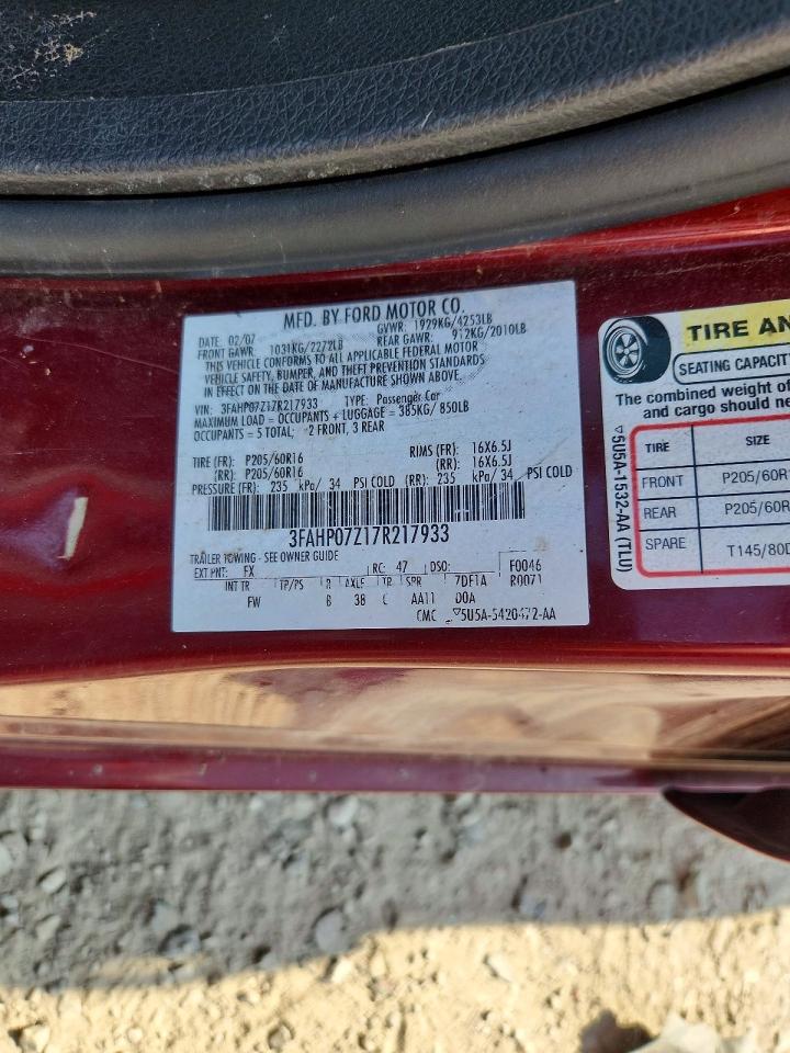 2007 Ford Fusion Se Maroon vin: 3FAHP07Z17R217933