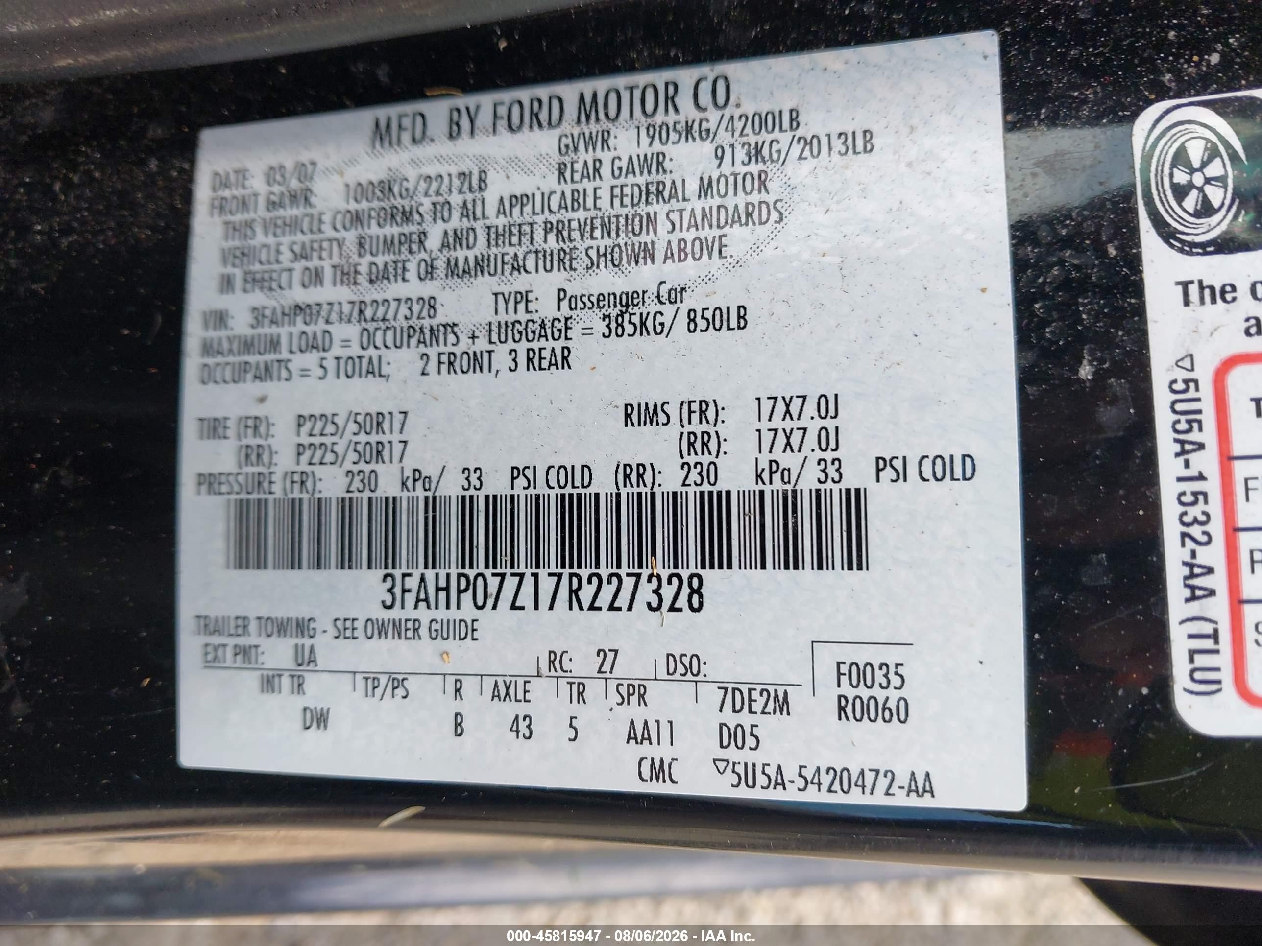 2007 Ford Fusion Se Black vin: 3FAHP07Z17R227328