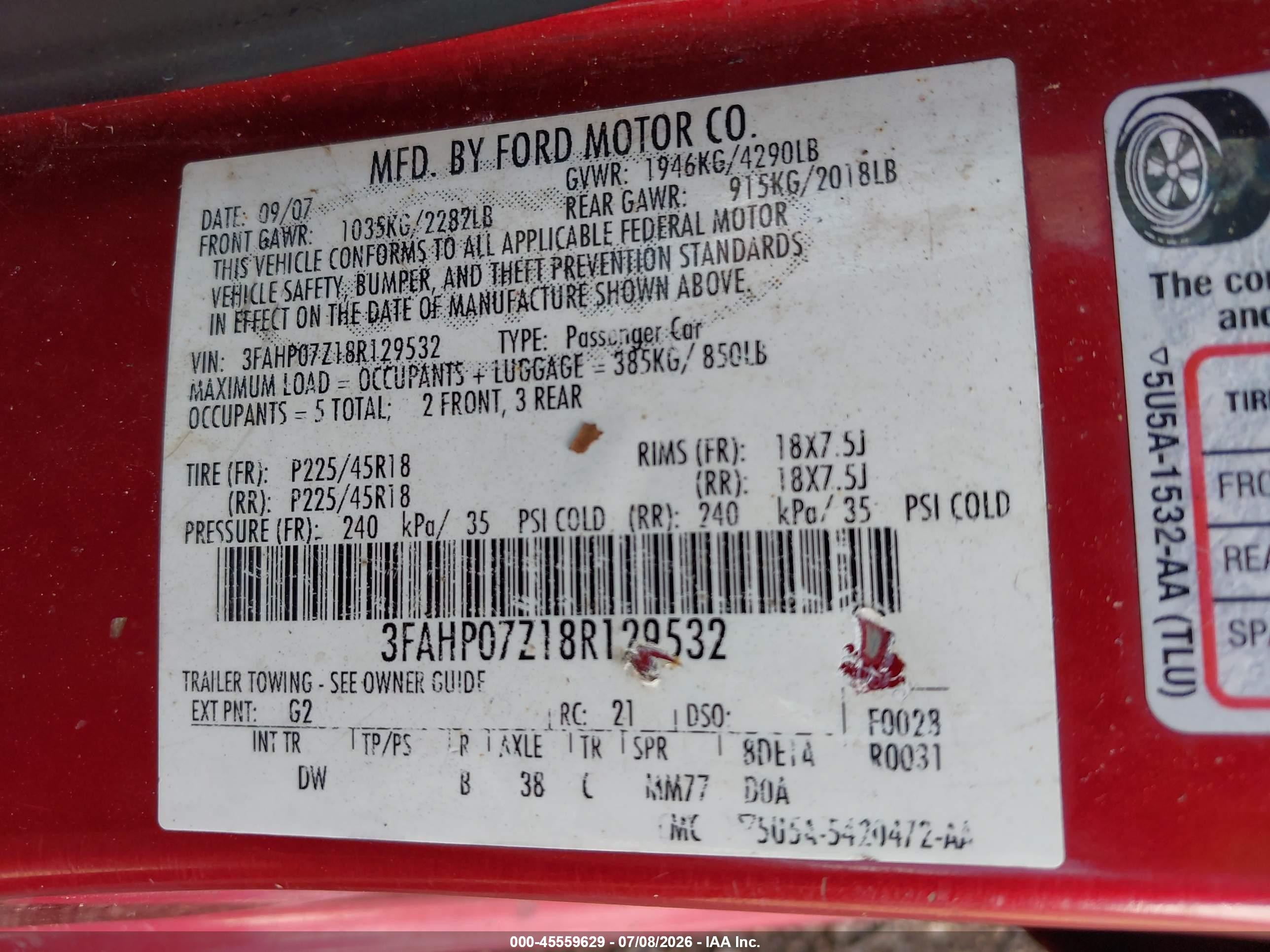 2008 Ford Fusion Se Red vin: 3FAHP07Z18R129532