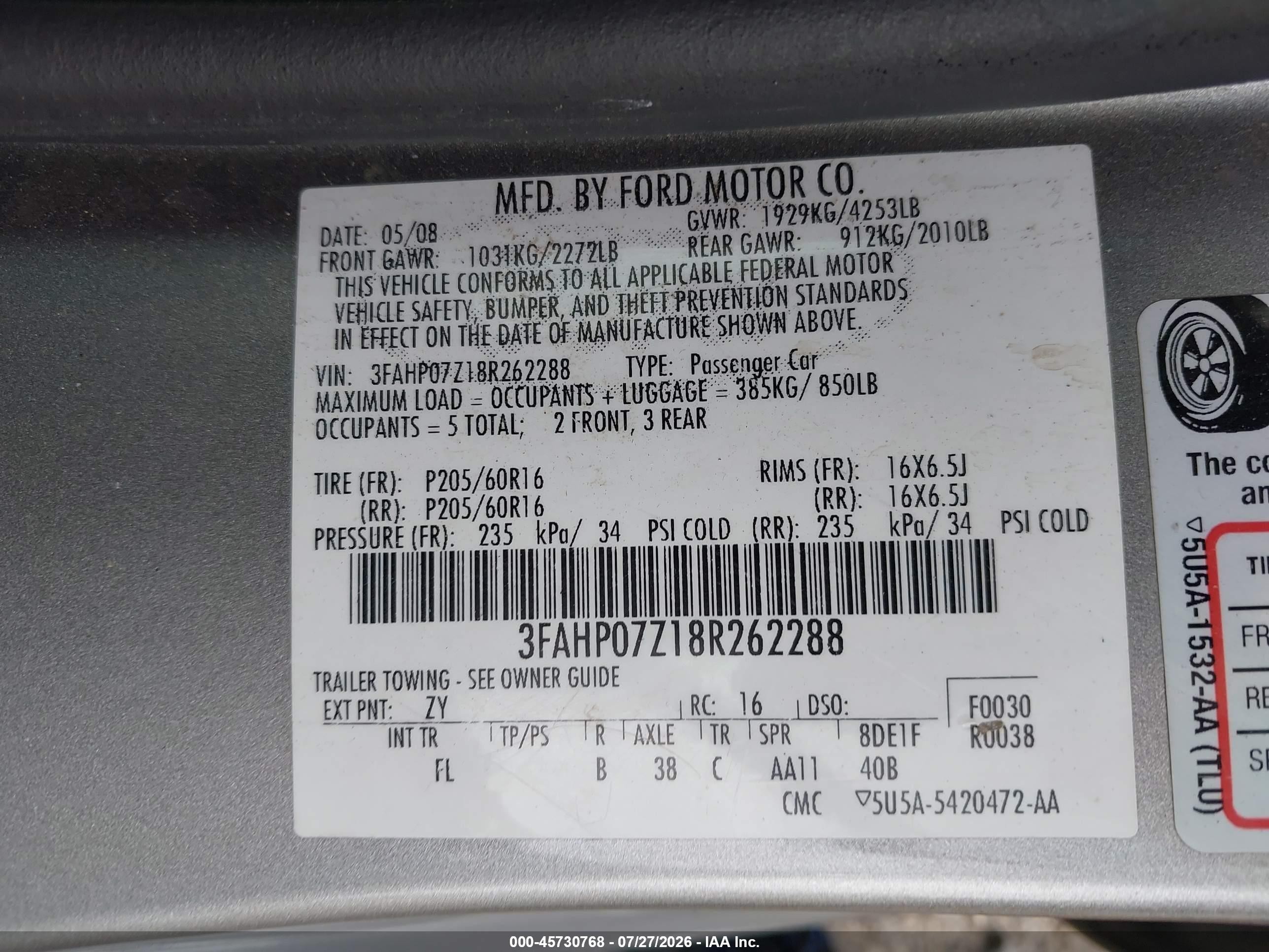2008 Ford Fusion Se Beige vin: 3FAHP07Z18R262288