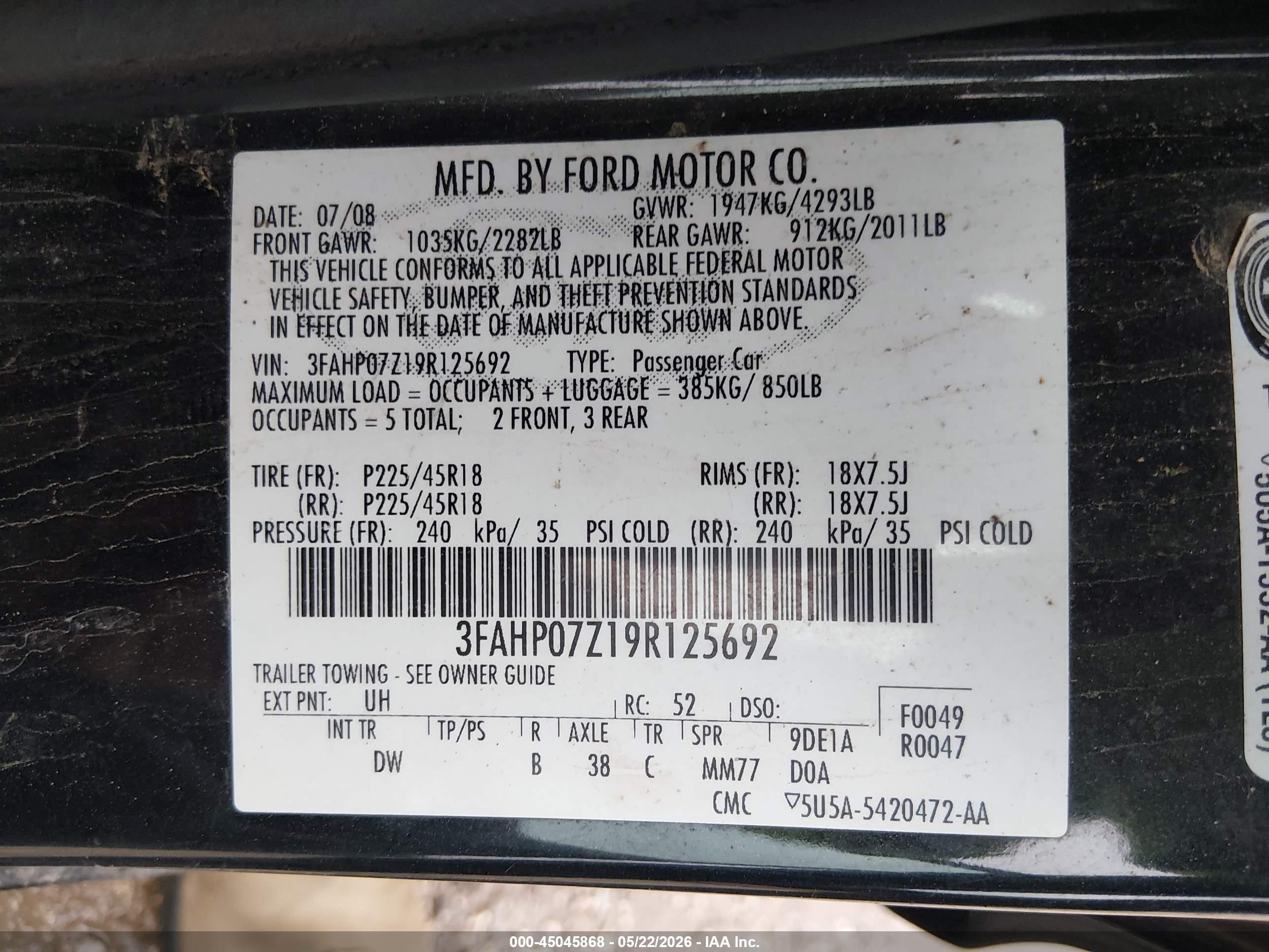 2009 Ford Fusion Se Black vin: 3FAHP07Z19R125692
