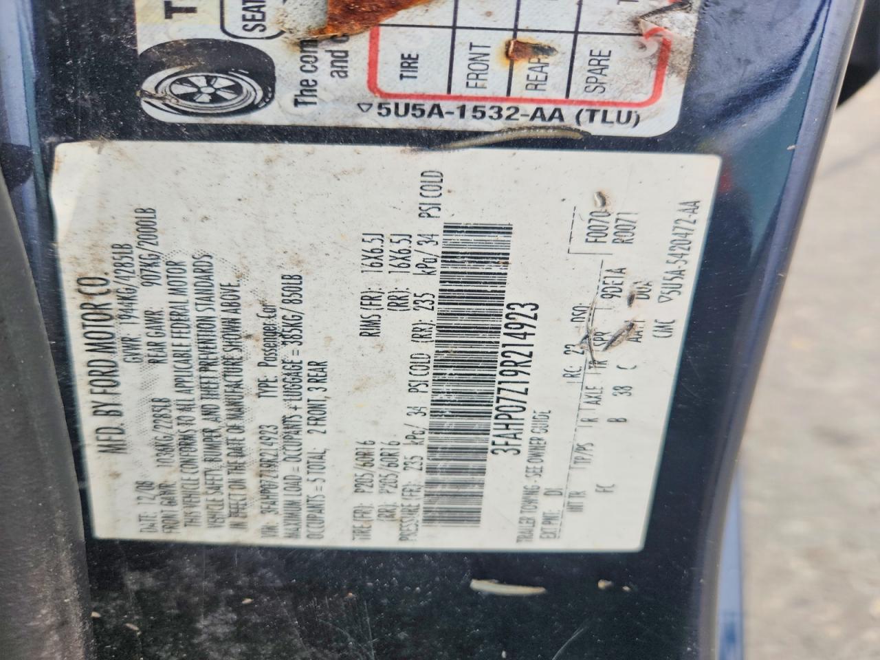 2009 Ford Fusion Se Blue vin: 3FAHP07Z19R214923