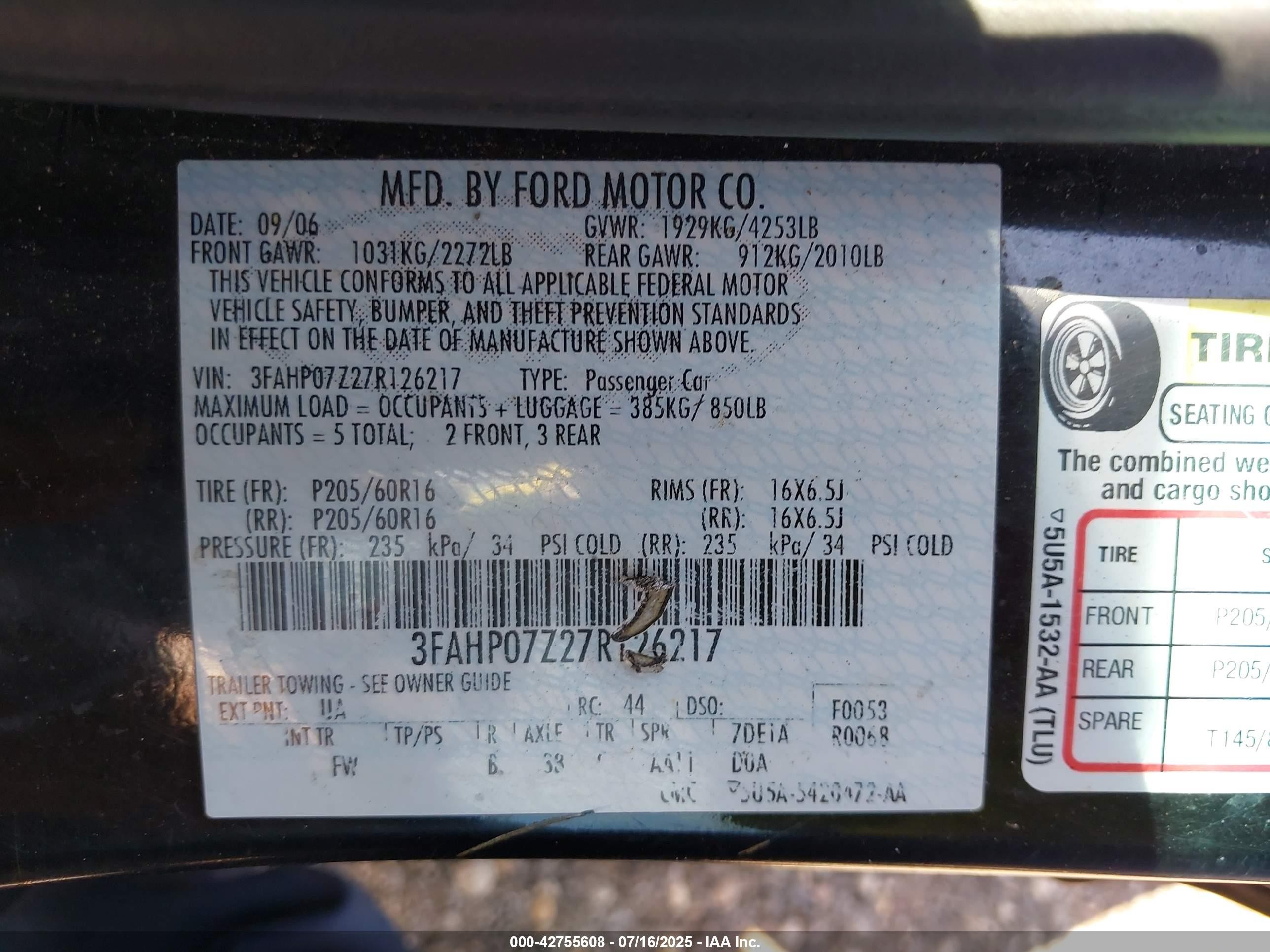 2007 Ford Fusion Se Black vin: 3FAHP07Z27R126217