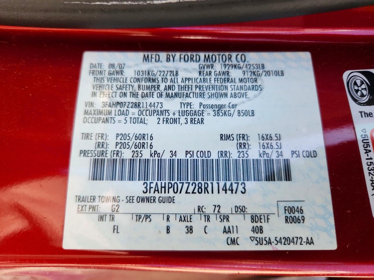 2008 Ford Fusion Se Red vin: 3FAHP07Z28R114473