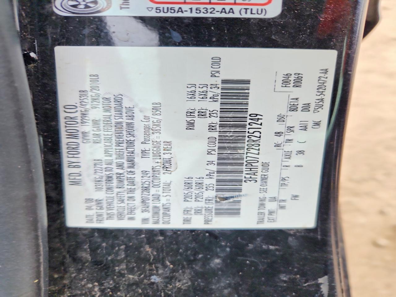 2008 Ford Fusion Se Black vin: 3FAHP07Z28R251249