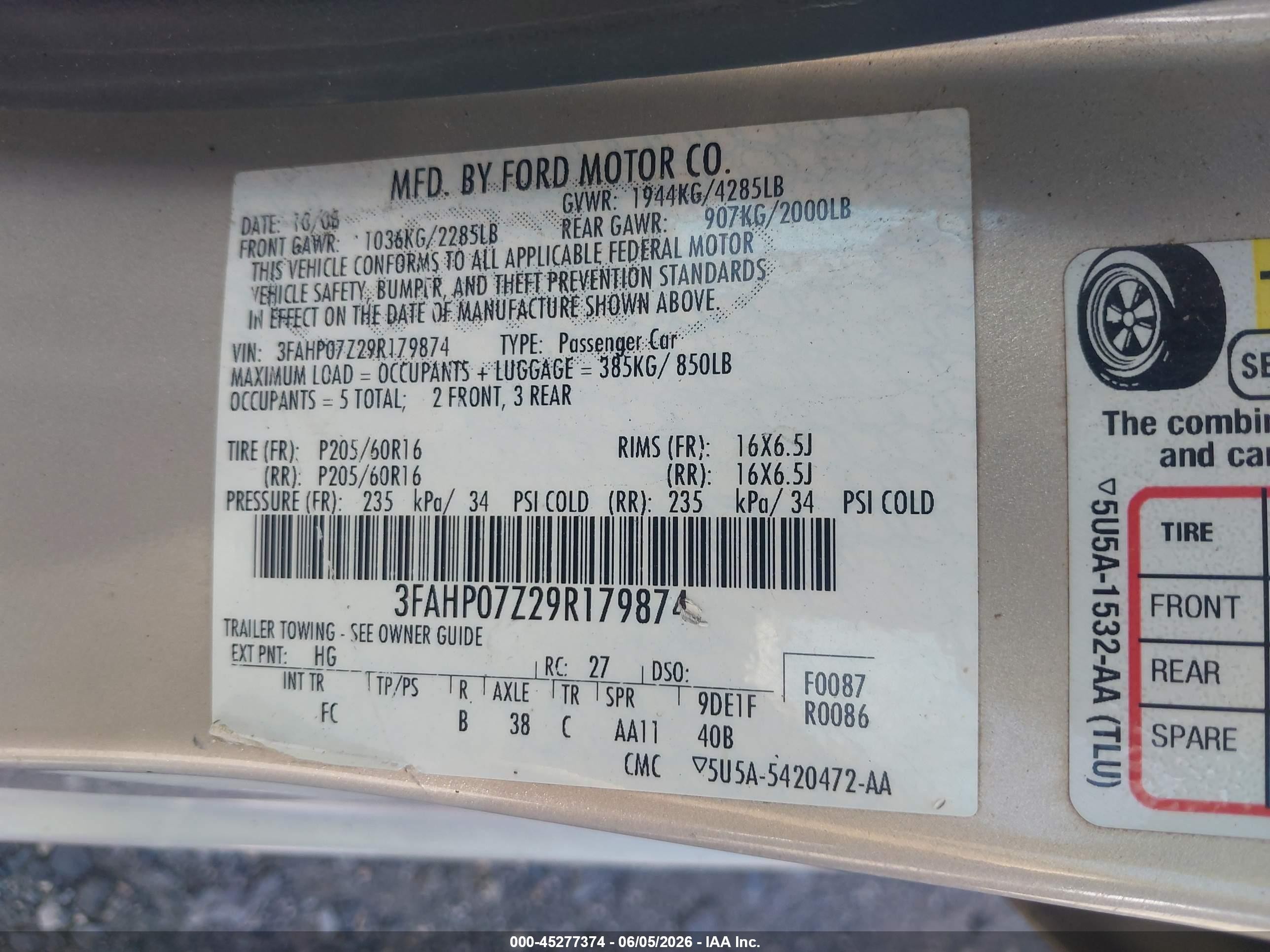 2009 Ford Fusion Se Beige vin: 3FAHP07Z29R179874