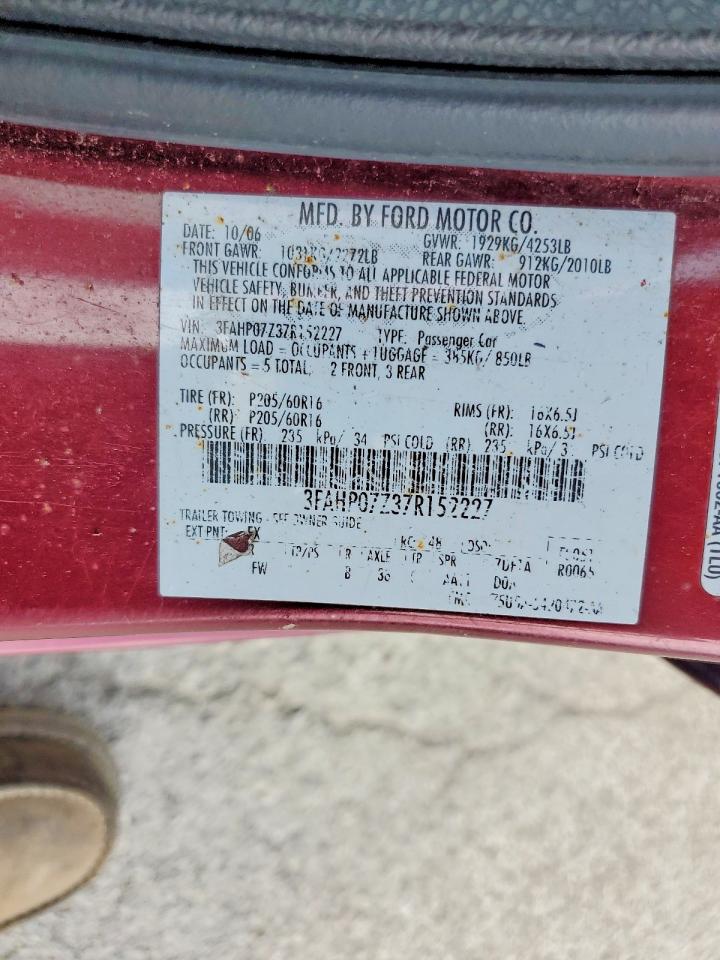 2007 Ford Fusion Se Burgundy vin: 3FAHP07Z37R152227
