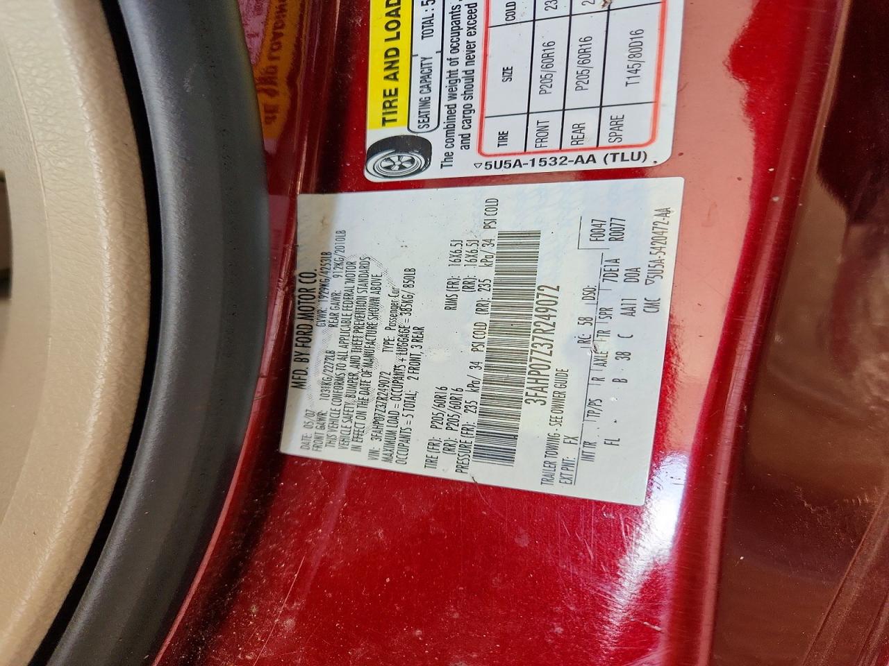 2007 Ford Fusion Se Red vin: 3FAHP07Z37R249072