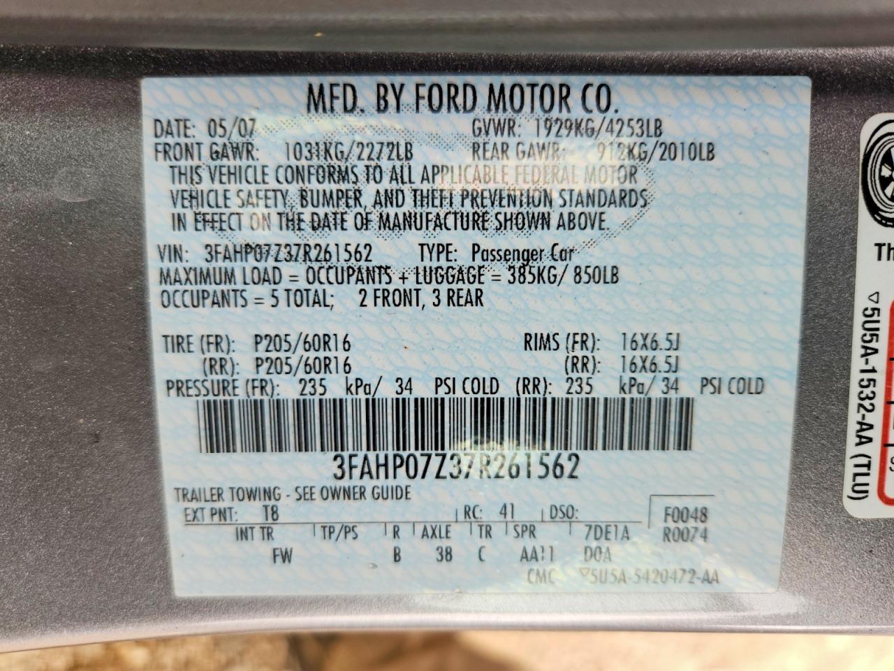 2007 Ford Fusion Se Gray vin: 3FAHP07Z37R261562