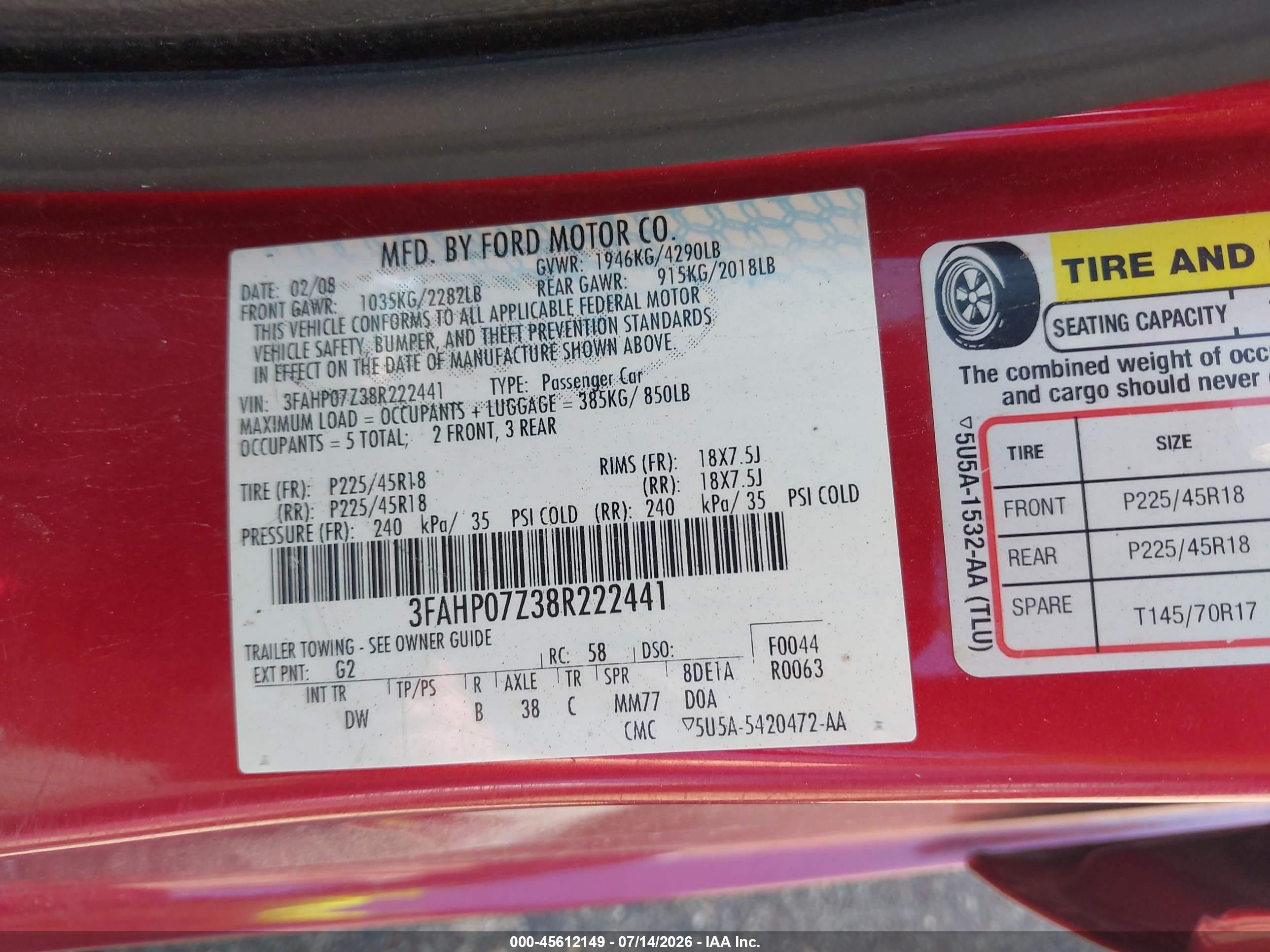 2008 Ford Fusion Se Red vin: 3FAHP07Z38R222441