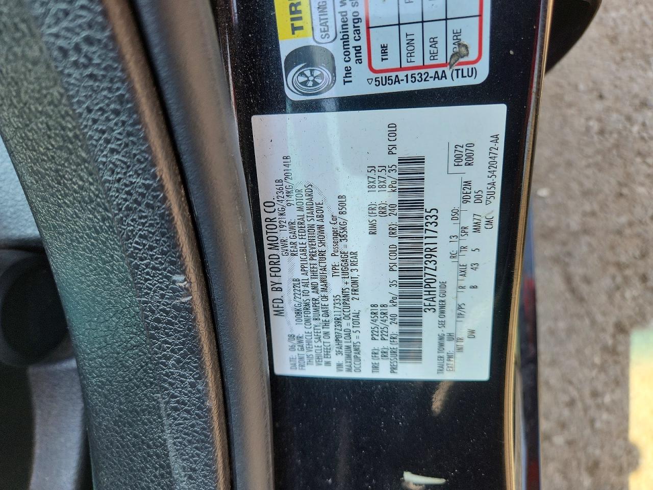 2009 Ford Fusion Se Black vin: 3FAHP07Z39R117335