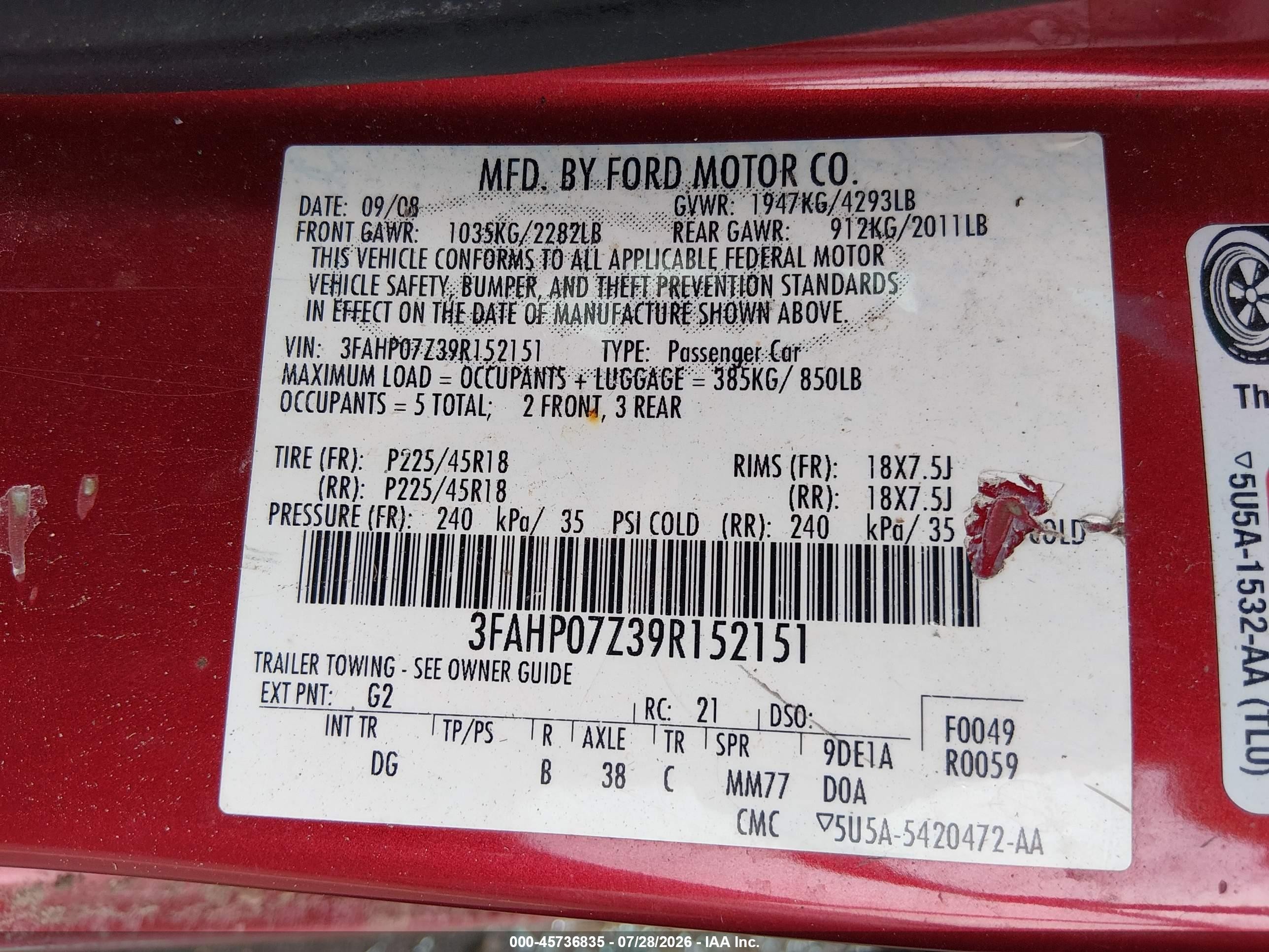 2009 Ford Fusion Se Red vin: 3FAHP07Z39R152151