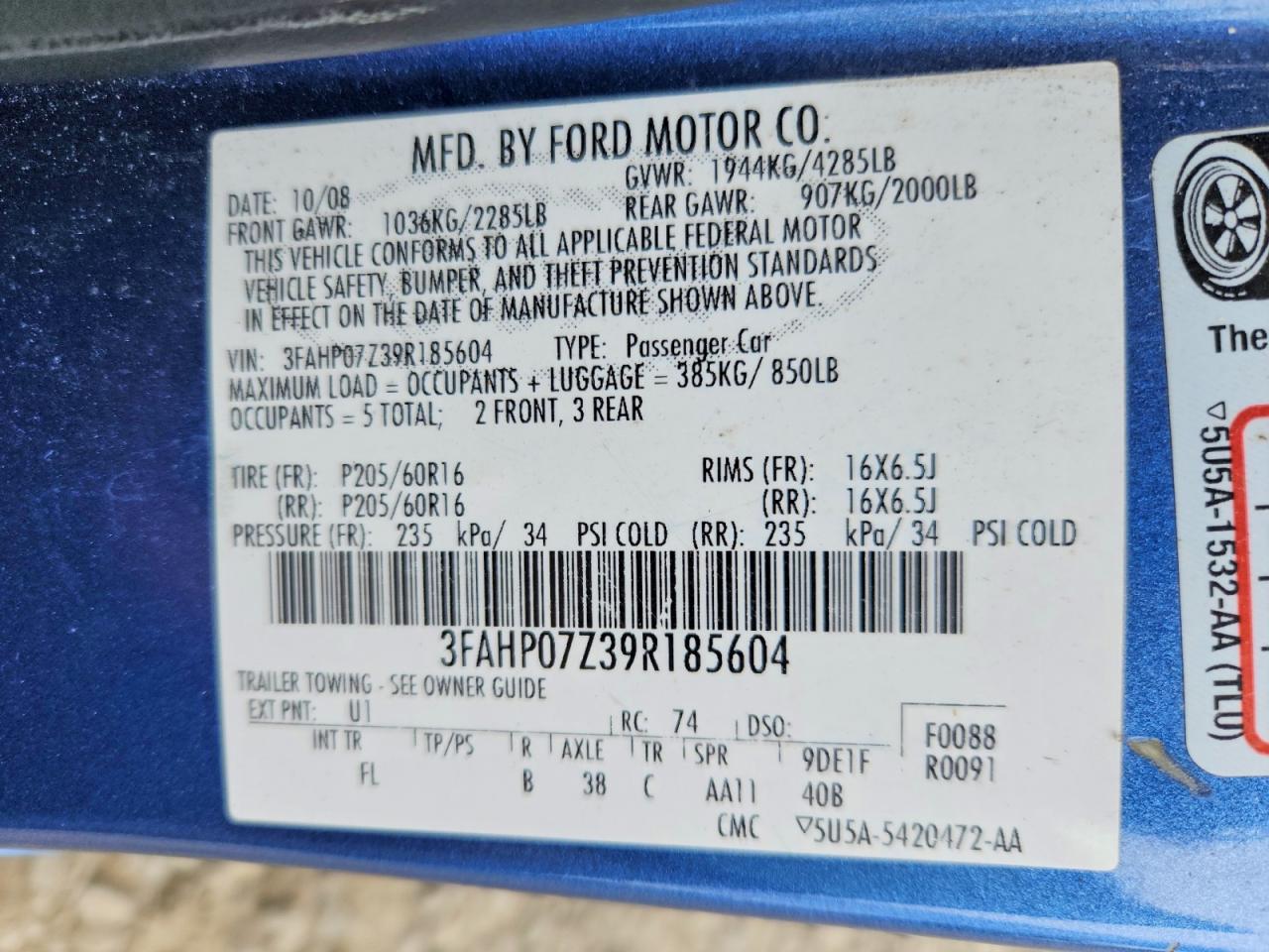 2009 Ford Fusion Se Blue vin: 3FAHP07Z39R185604