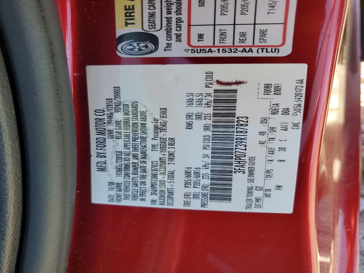 2009 Ford Fusion Se Red vin: 3FAHP07Z39R187823