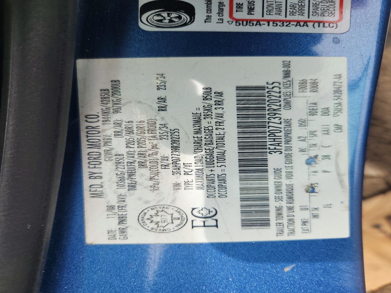 2009 Ford Fusion Se Blue vin: 3FAHP07Z39R202255