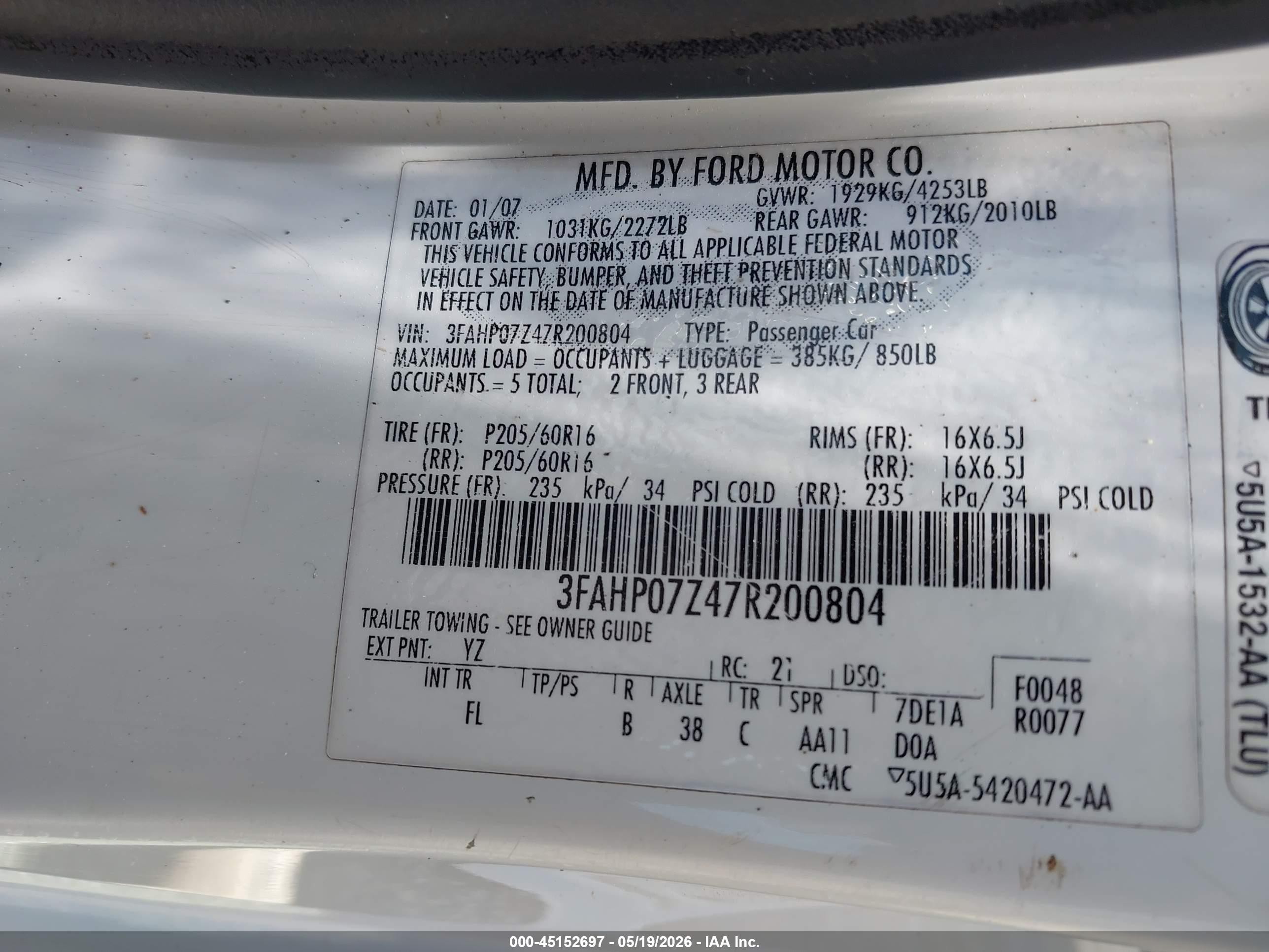 2007 Ford Fusion Se White vin: 3FAHP07Z47R200804