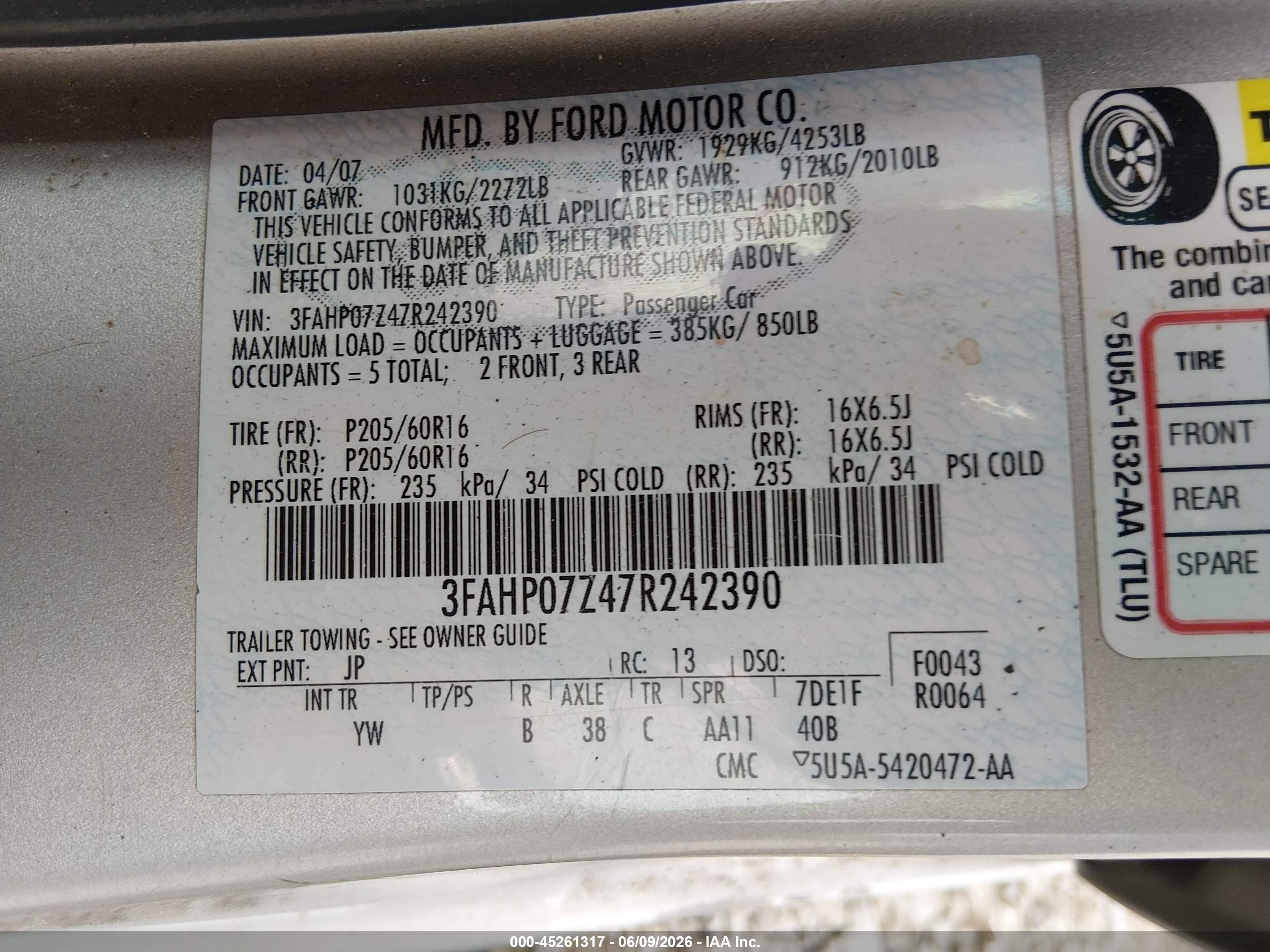 2007 Ford Fusion Se Silver vin: 3FAHP07Z47R242390