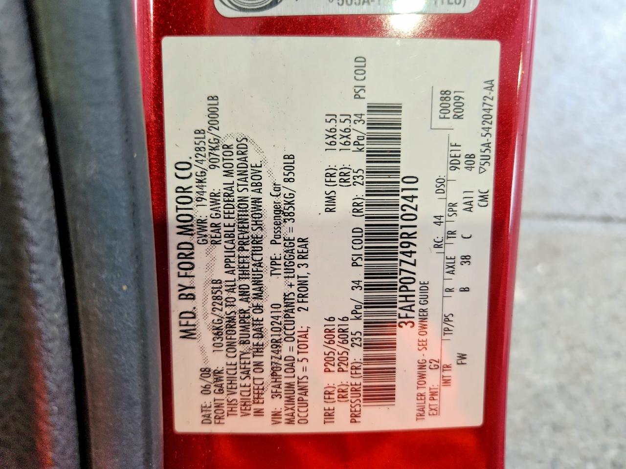 2009 Ford Fusion Se Red vin: 3FAHP07Z49R102410