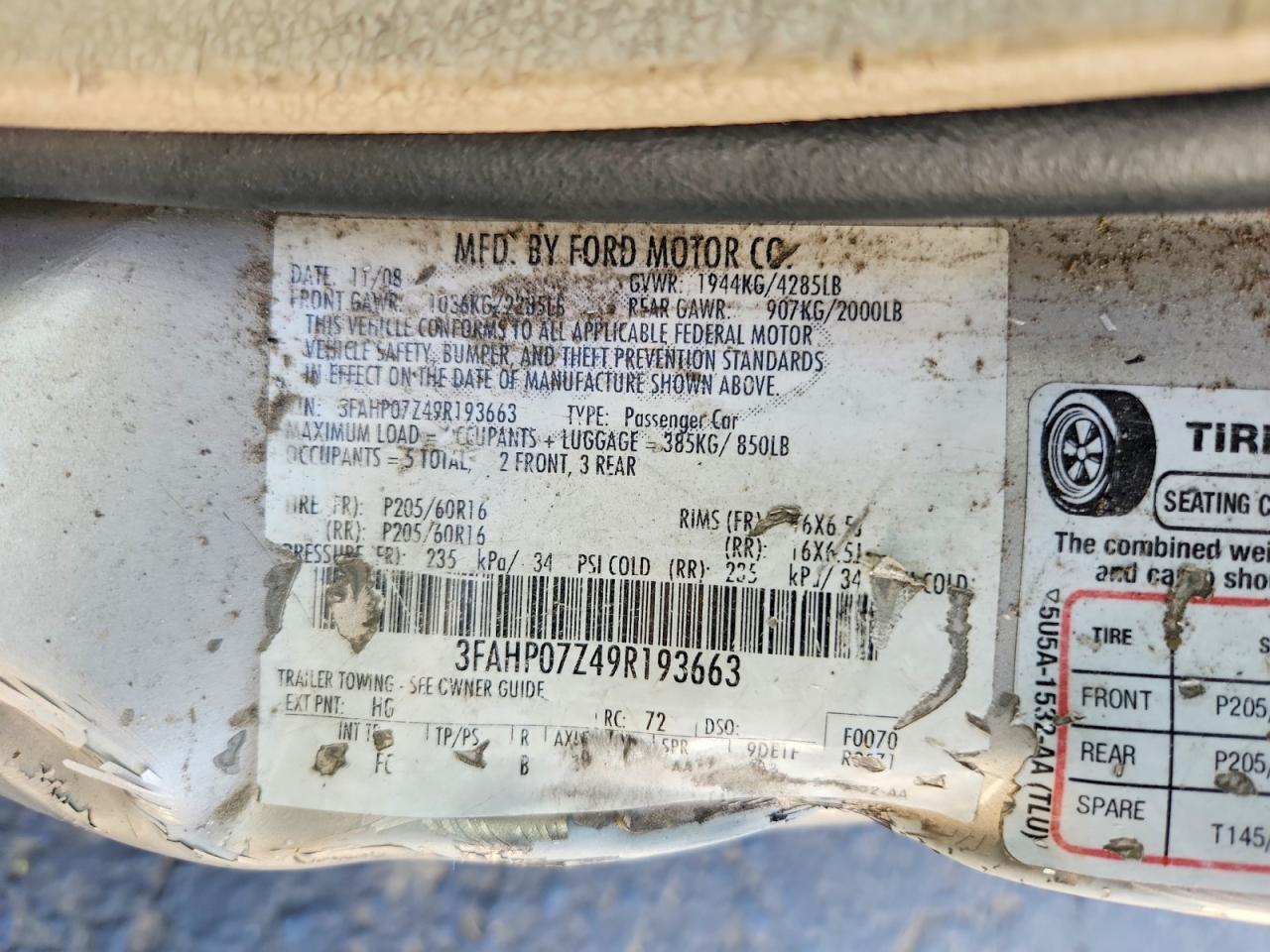 2009 Ford Fusion Se Tan vin: 3FAHP07Z49R193663