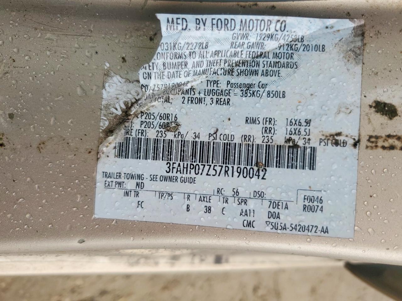 2007 Ford Fusion Se Tan vin: 3FAHP07Z57R190042