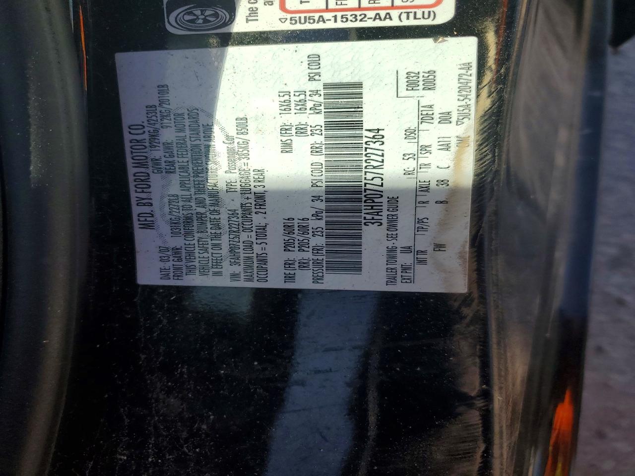 2007 Ford Fusion Se Black vin: 3FAHP07Z57R227364