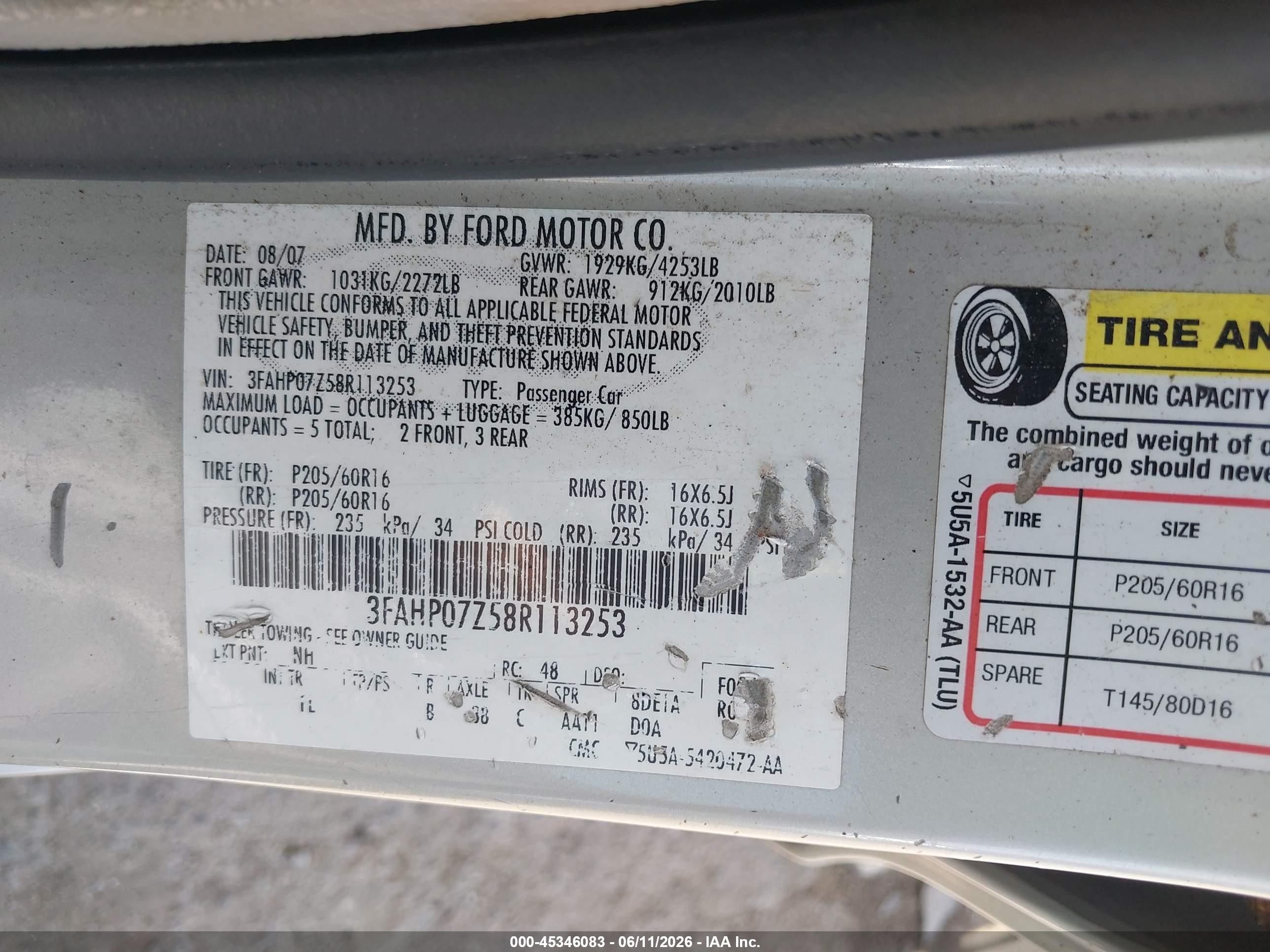 2008 Ford Fusion Se Champagne vin: 3FAHP07Z58R113253