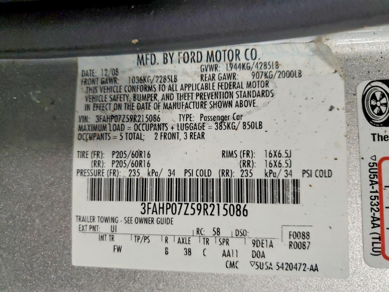 2009 Ford Fusion Se Silver vin: 3FAHP07Z59R215086