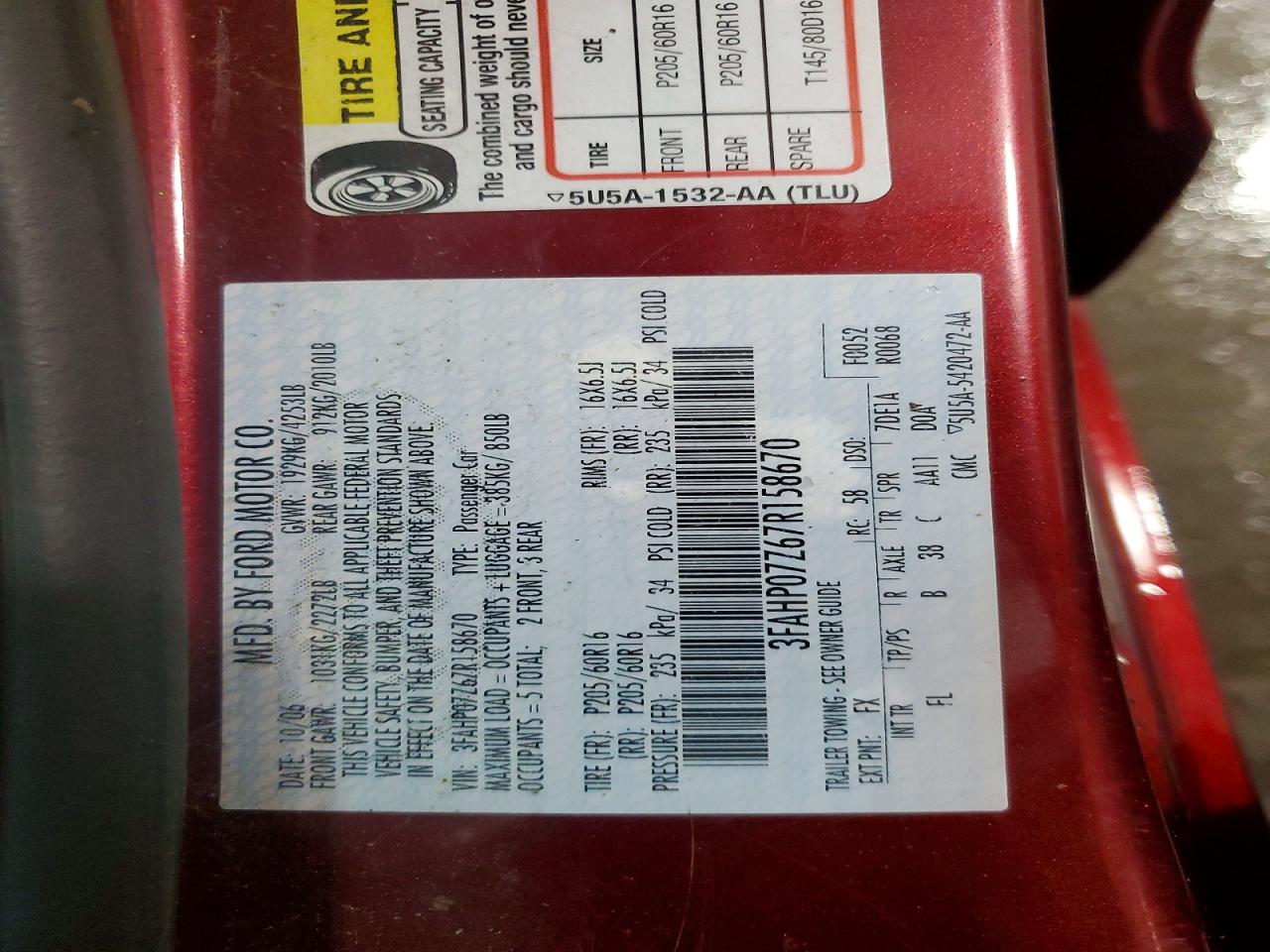 2007 Ford Fusion Se Burgundy vin: 3FAHP07Z67R158670