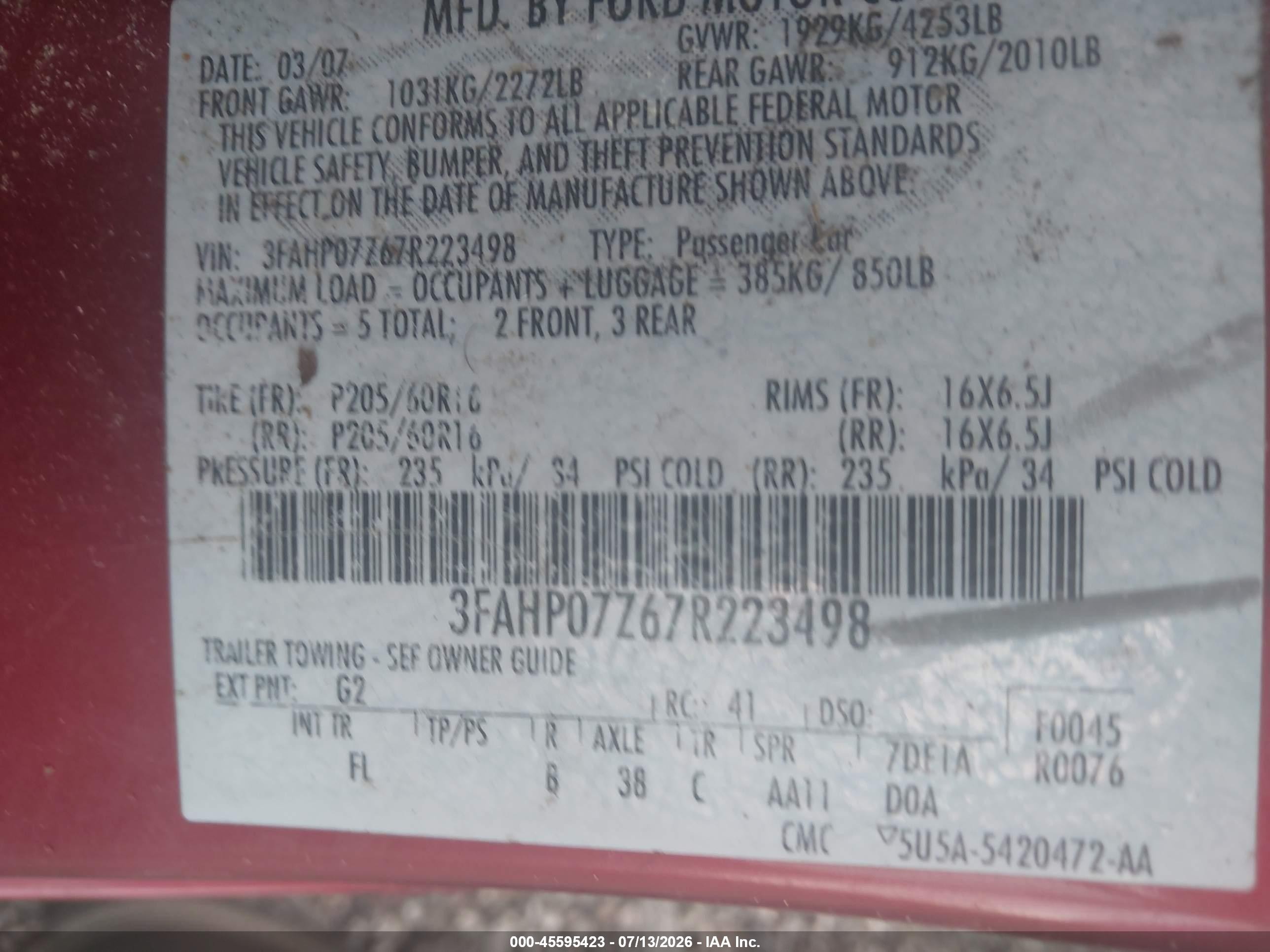 2007 Ford Fusion Se Red vin: 3FAHP07Z67R223498