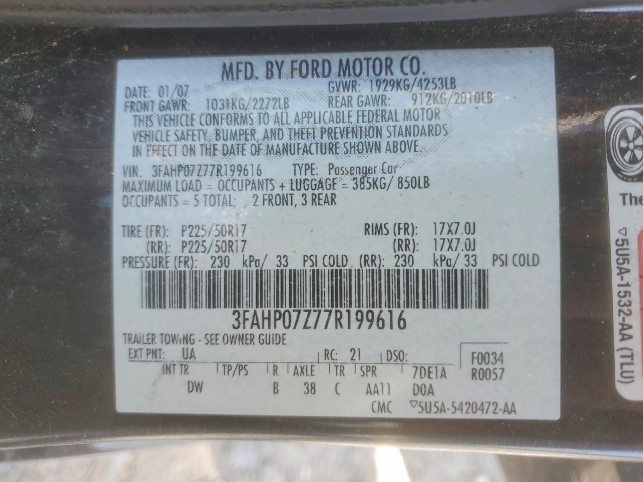 2007 Ford Fusion Se Black vin: 3FAHP07Z77R199616
