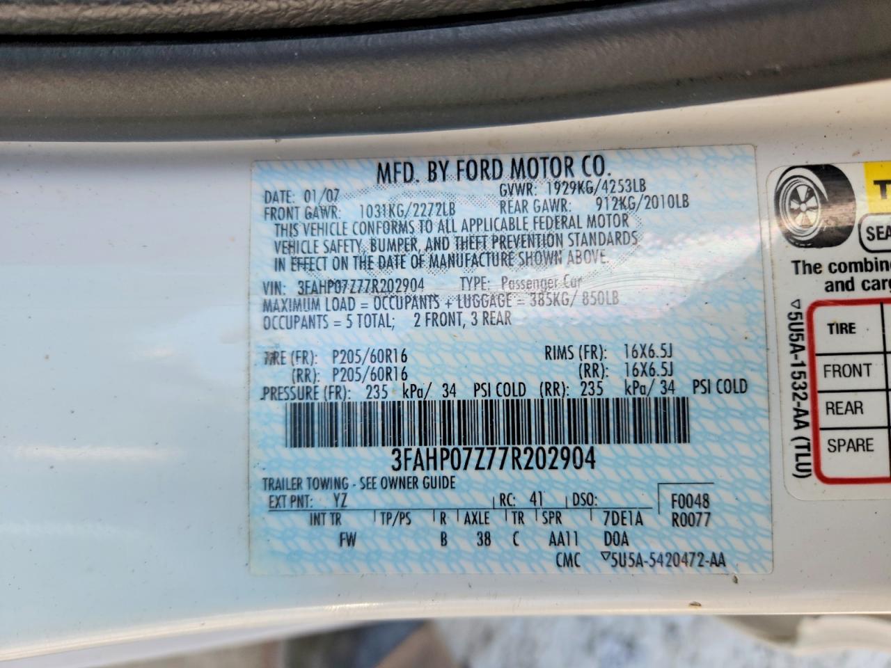 2007 Ford Fusion Se White vin: 3FAHP07Z77R202904