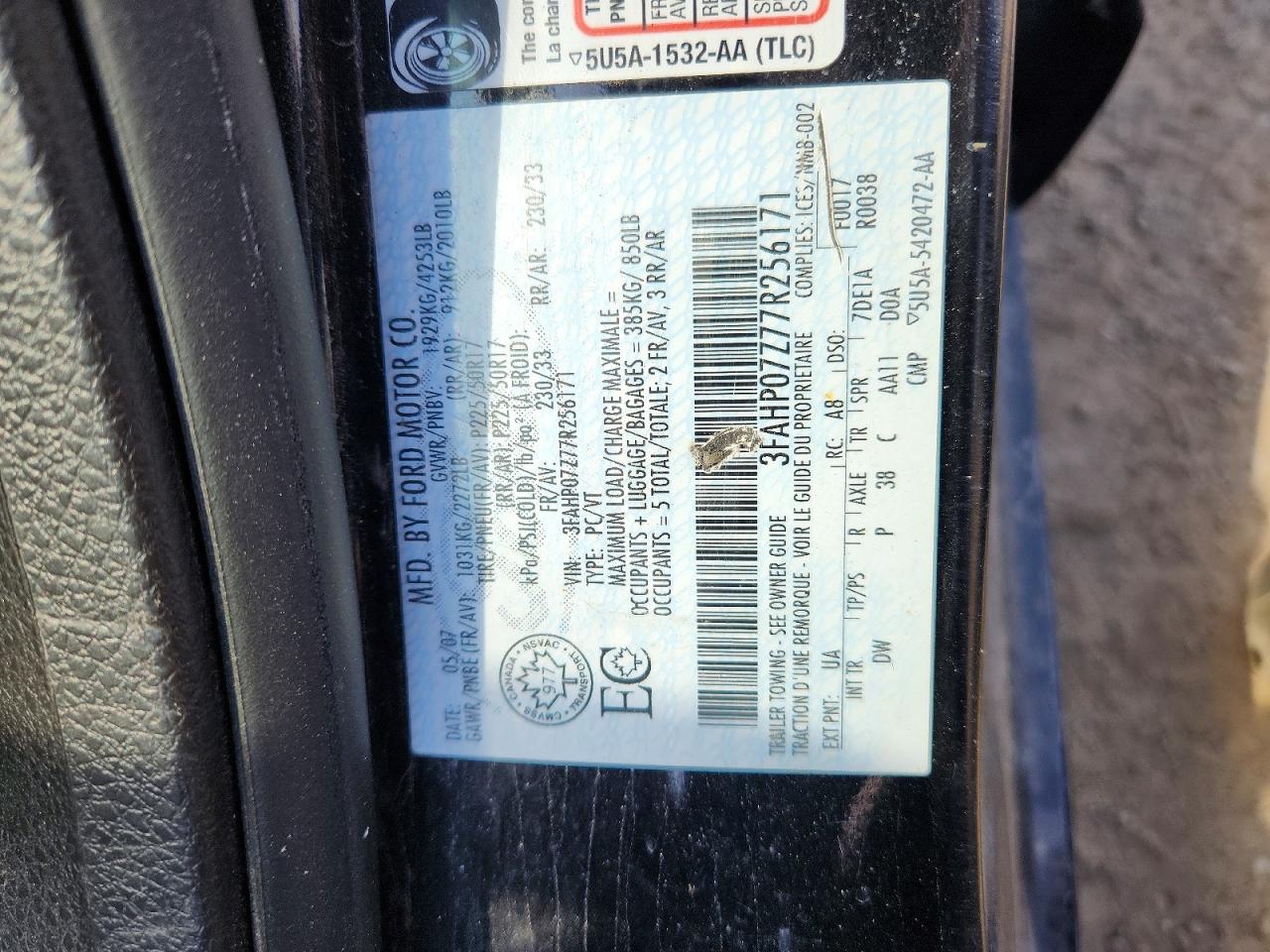 2007 Ford Fusion Se Black vin: 3FAHP07Z77R256171